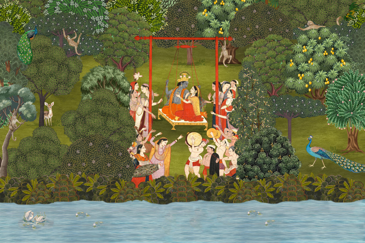 Krishna's Garden Swing Wall Mural in your room — zoomed