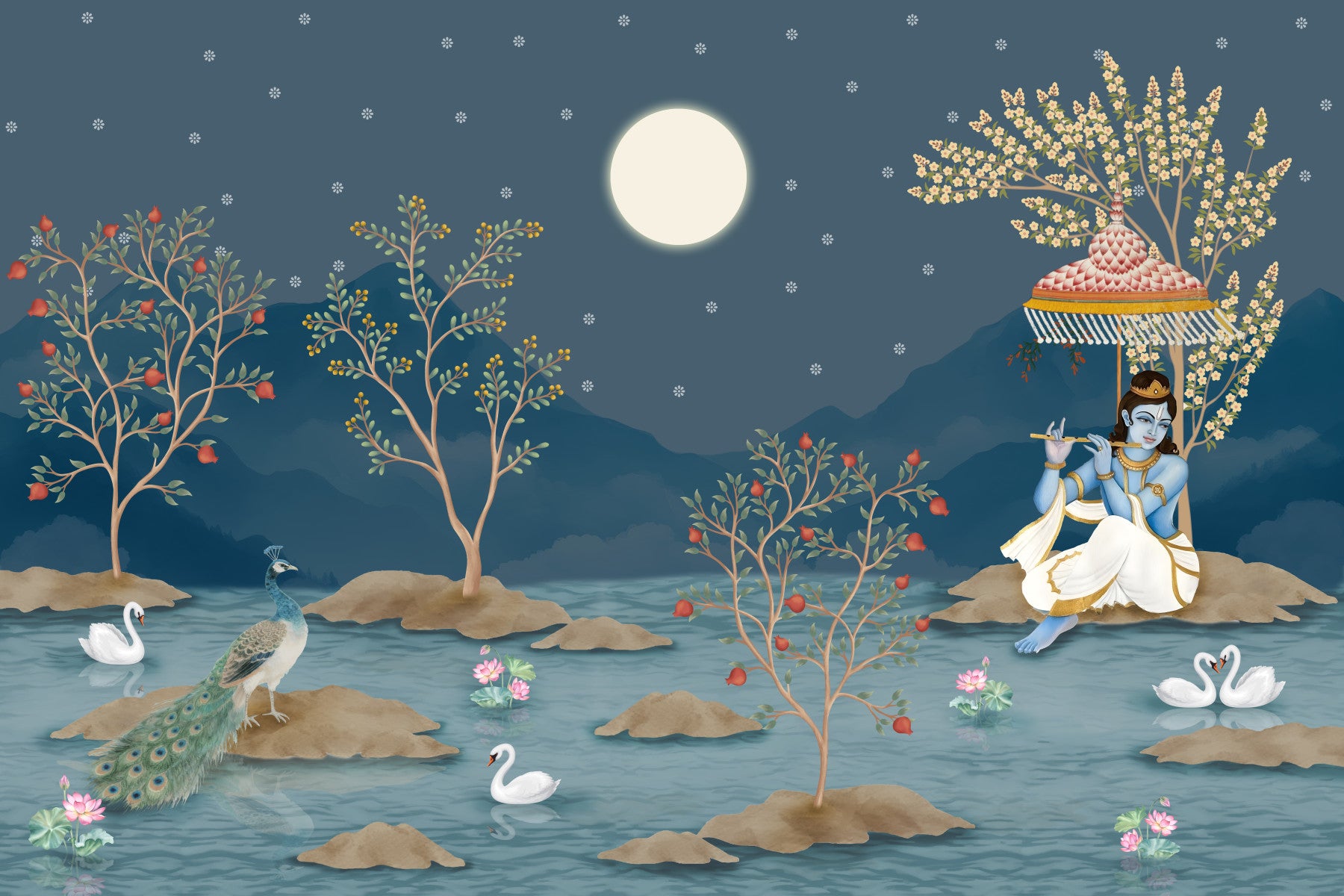 Krishna's Lunar Serenity Wall Mural
