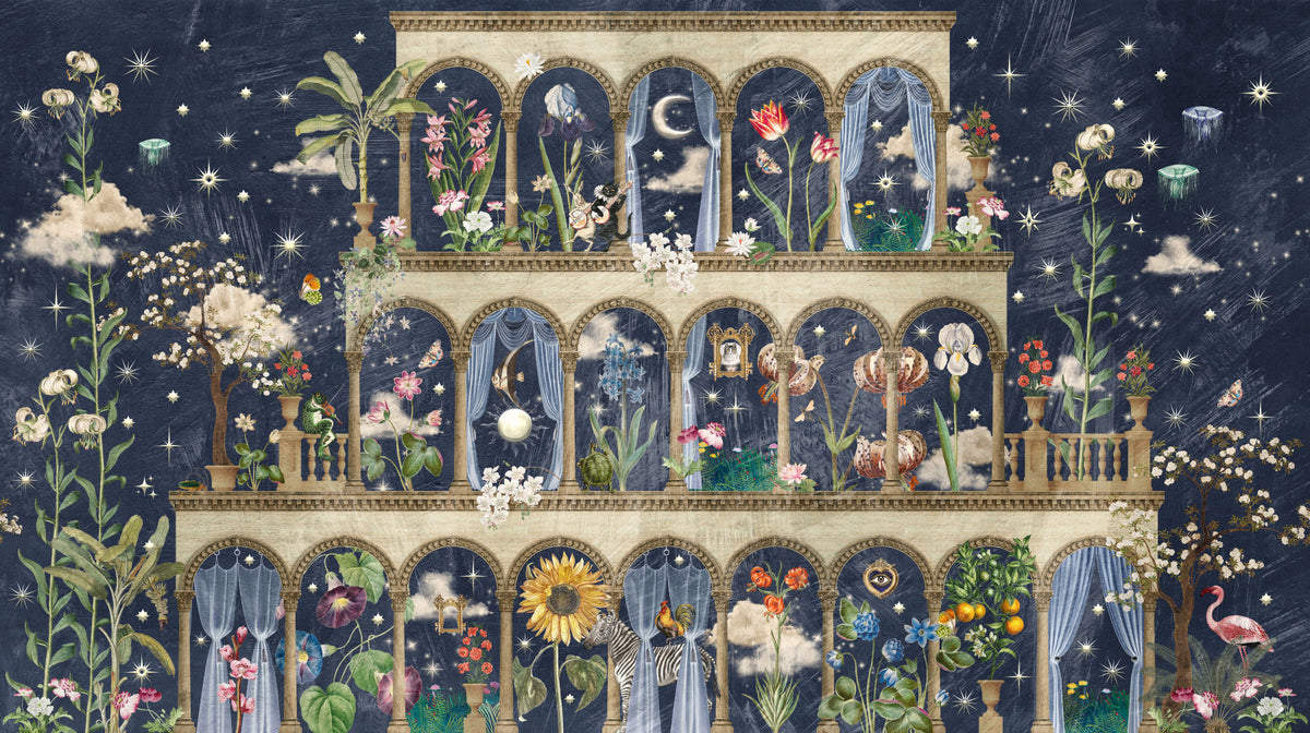 Floral Nightscape Garden on Blue Wall Mural in your room — zoomed