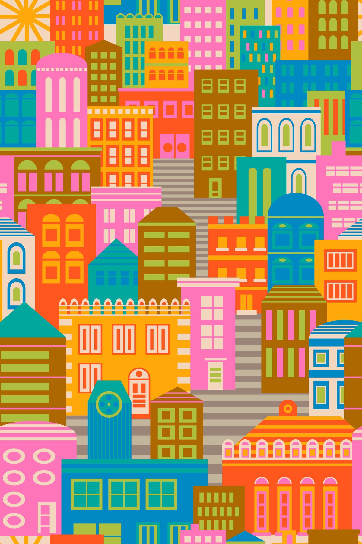 City Lights By Day Vintage Travel Bright Geometric Buildings Sunny Rainbow Brights Wallpaper⁠