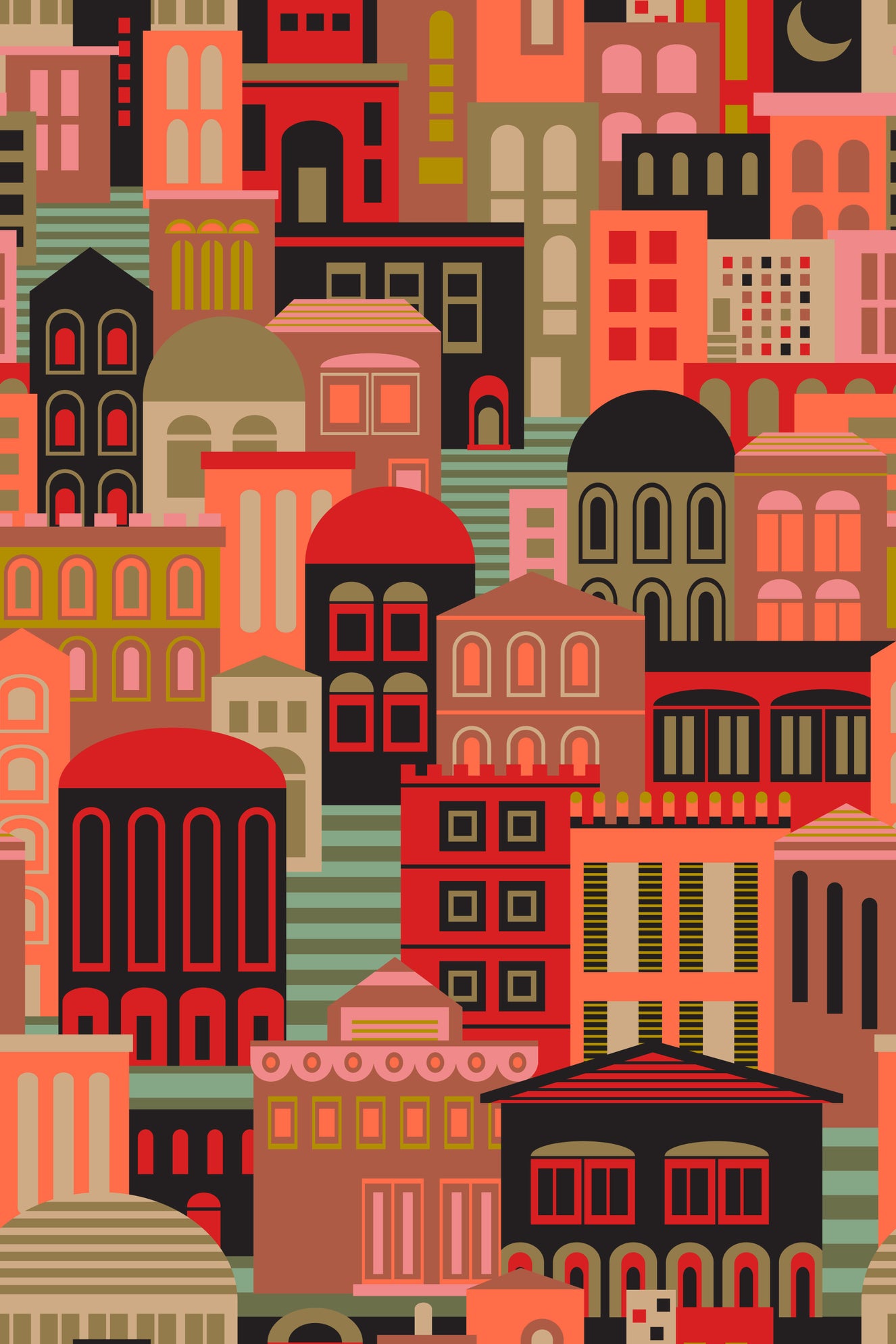 City Lights At Night Vintage Travel Bright Geometric Buildings Moon Vintage 1950s Colours Wallpaper⁠