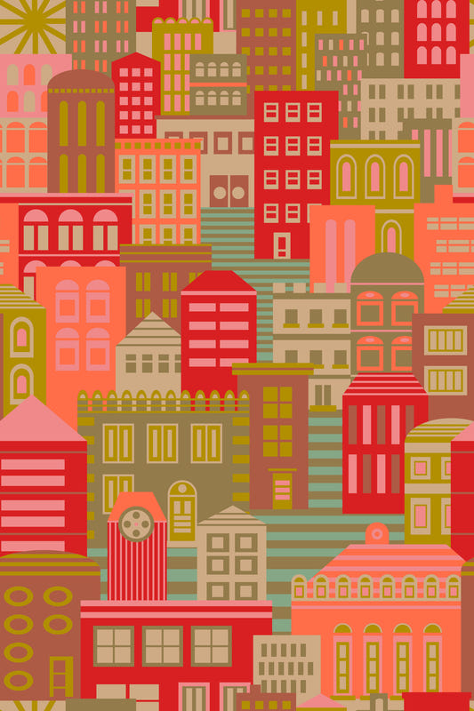City Lights By Day Vintage Travel Bright Geometric Buildings Sunny Vintage 1950s Colours Wallpaper⁠