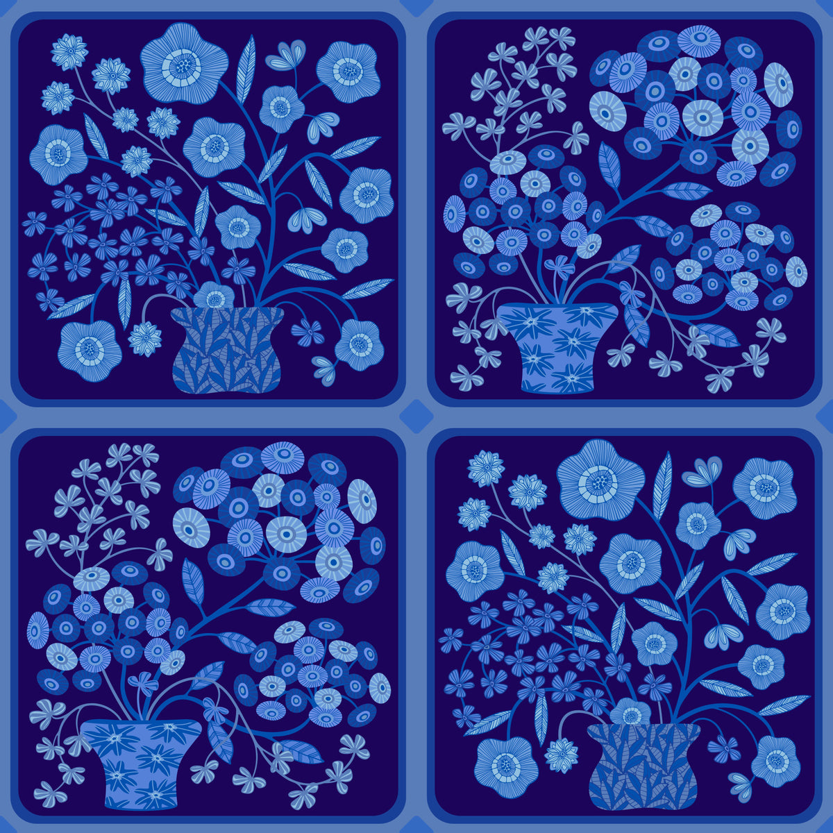 Flower Bouquet Tiles Floral Dark Delft Blue Wallpaper⁠