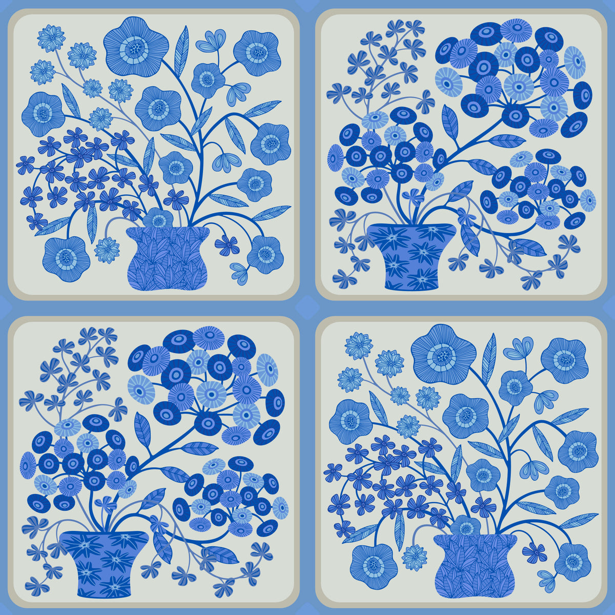 Flower Bouquet Tiles Floral Light Delft Blue and White Wallpaper⁠ in your room