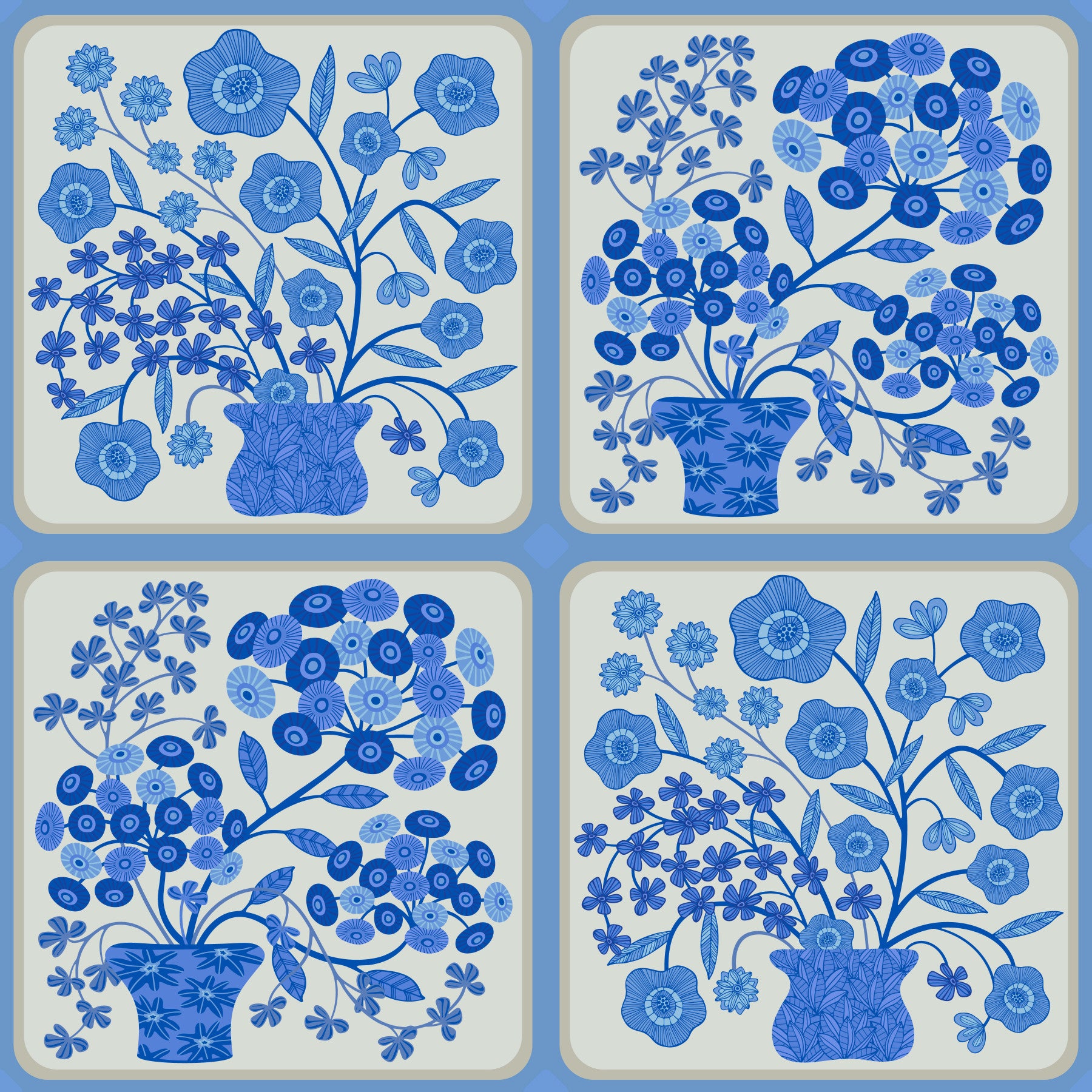 Flower Bouquet Tiles Floral Light Delft Blue and White Wallpaper⁠