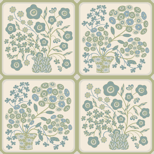 Flower Bouquet Tiles Floral Sage Green Blue Wallpaper⁠