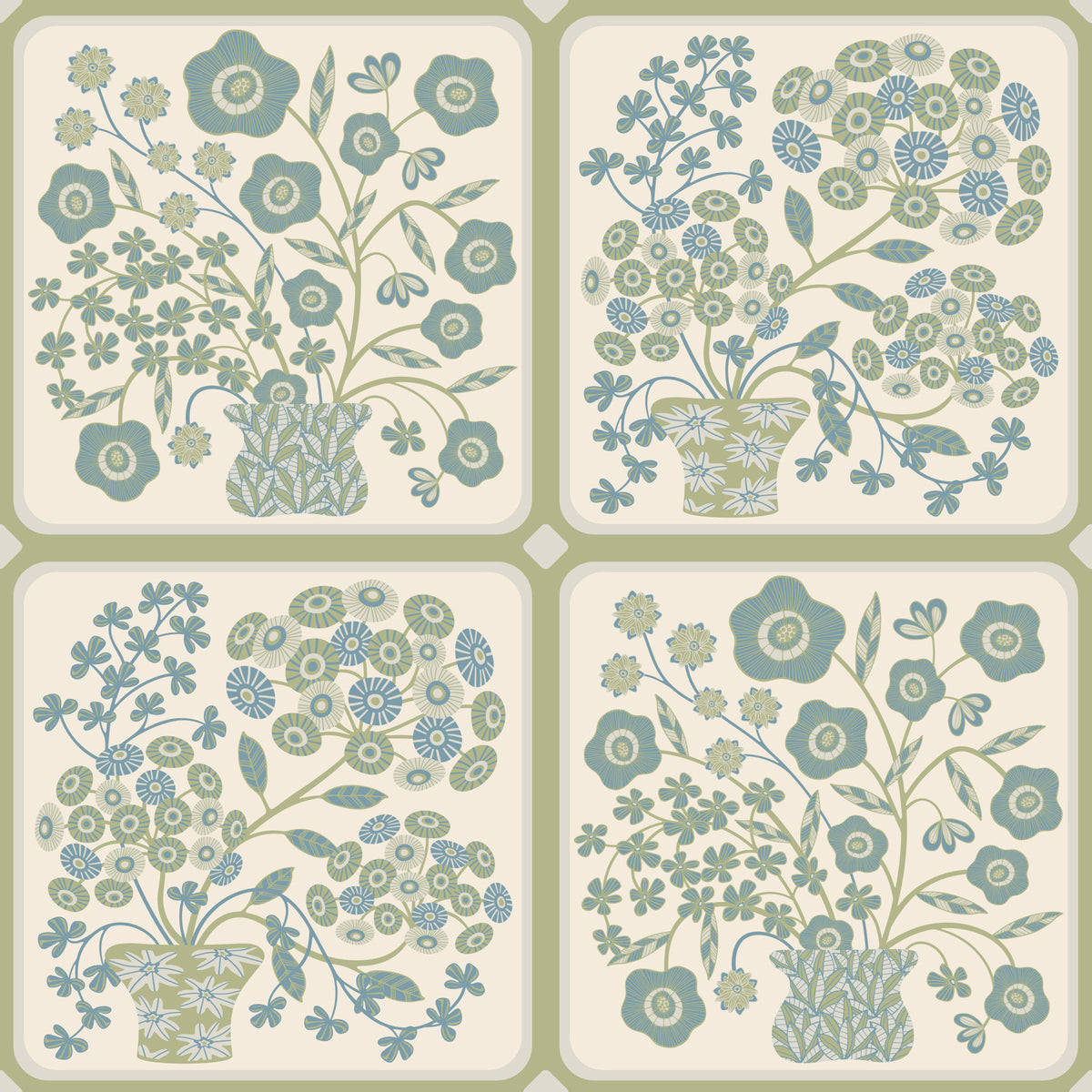 Flower Bouquet Tiles Floral Sage Green Blue Wallpaper⁠ in your room