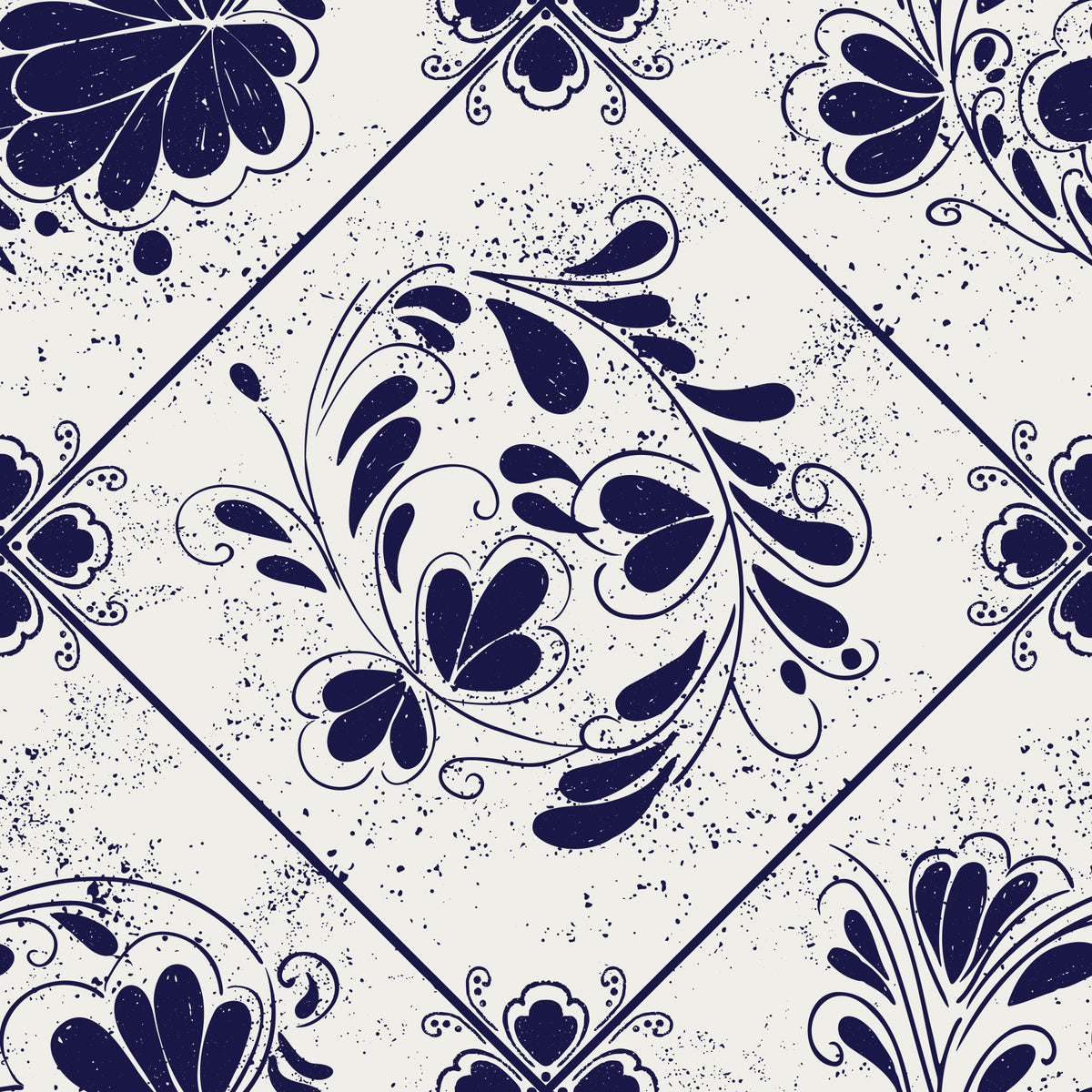 Vintage Indigo Floral Tiles Wallpaper⁠ in your room