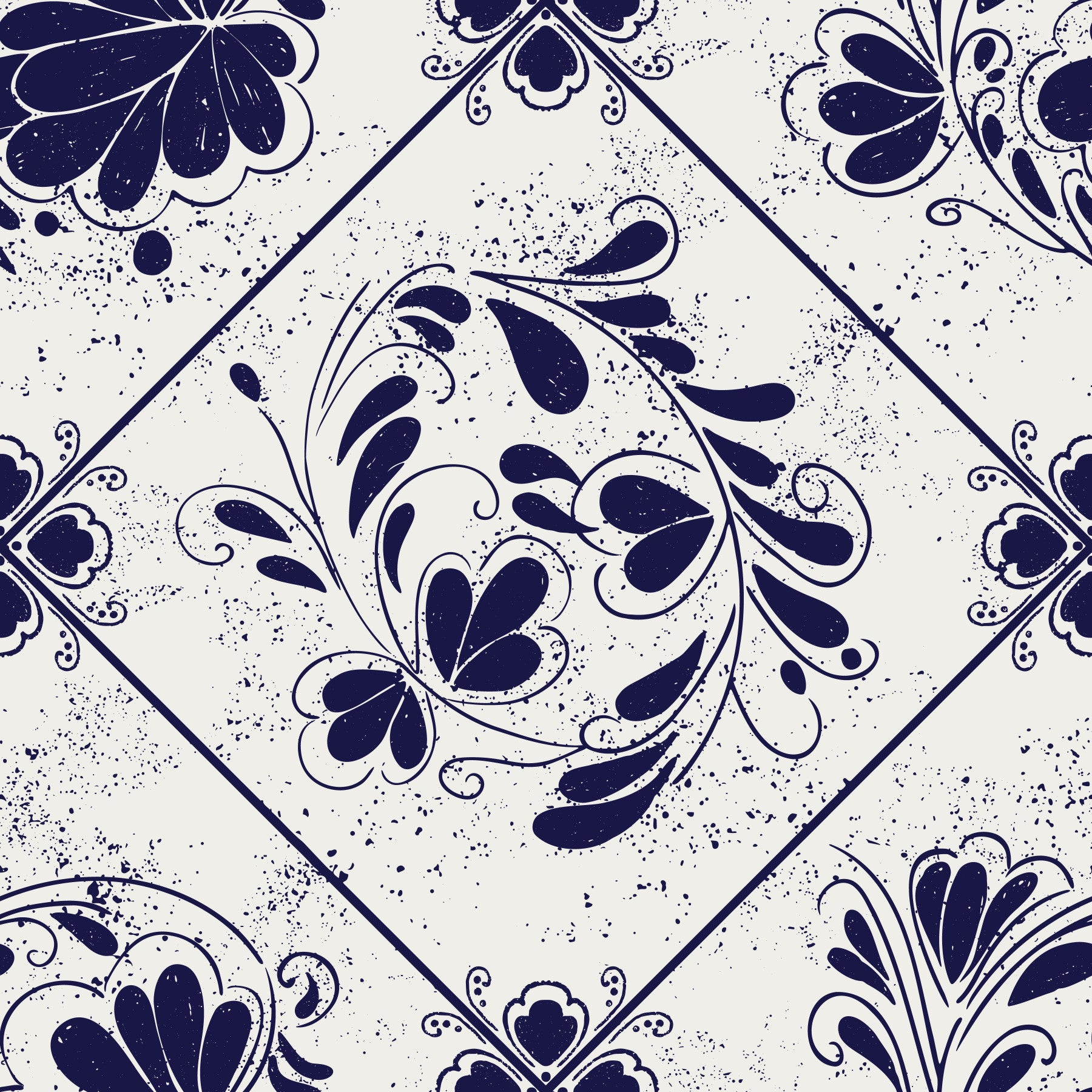 Vintage Indigo Floral Tiles Wallpaper⁠