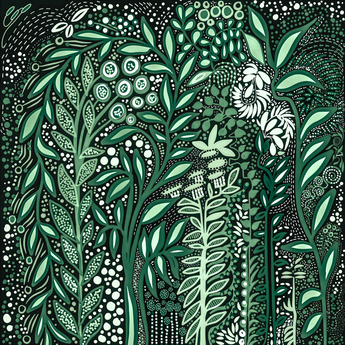 Tropifolia Alborosa Intricate Tropical Green Botanical Pattern with White Leaves and Delicate Floral Details Wall Mural in your room — zoomed