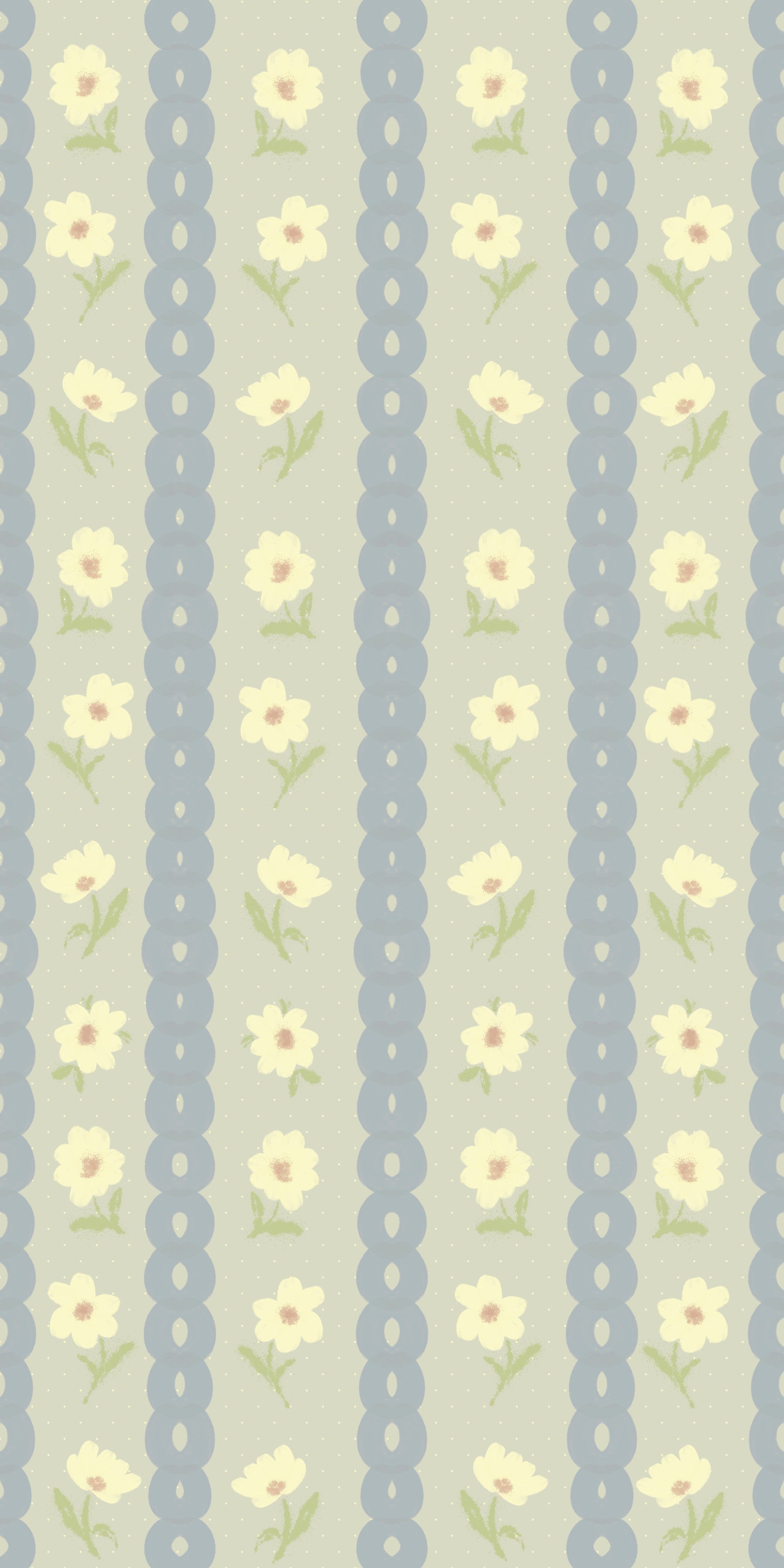 Soft Daisy Stripes wallpaper with sage and blue stripes and yellow daisies above a white dining table and wishbone chairs in a kitchen