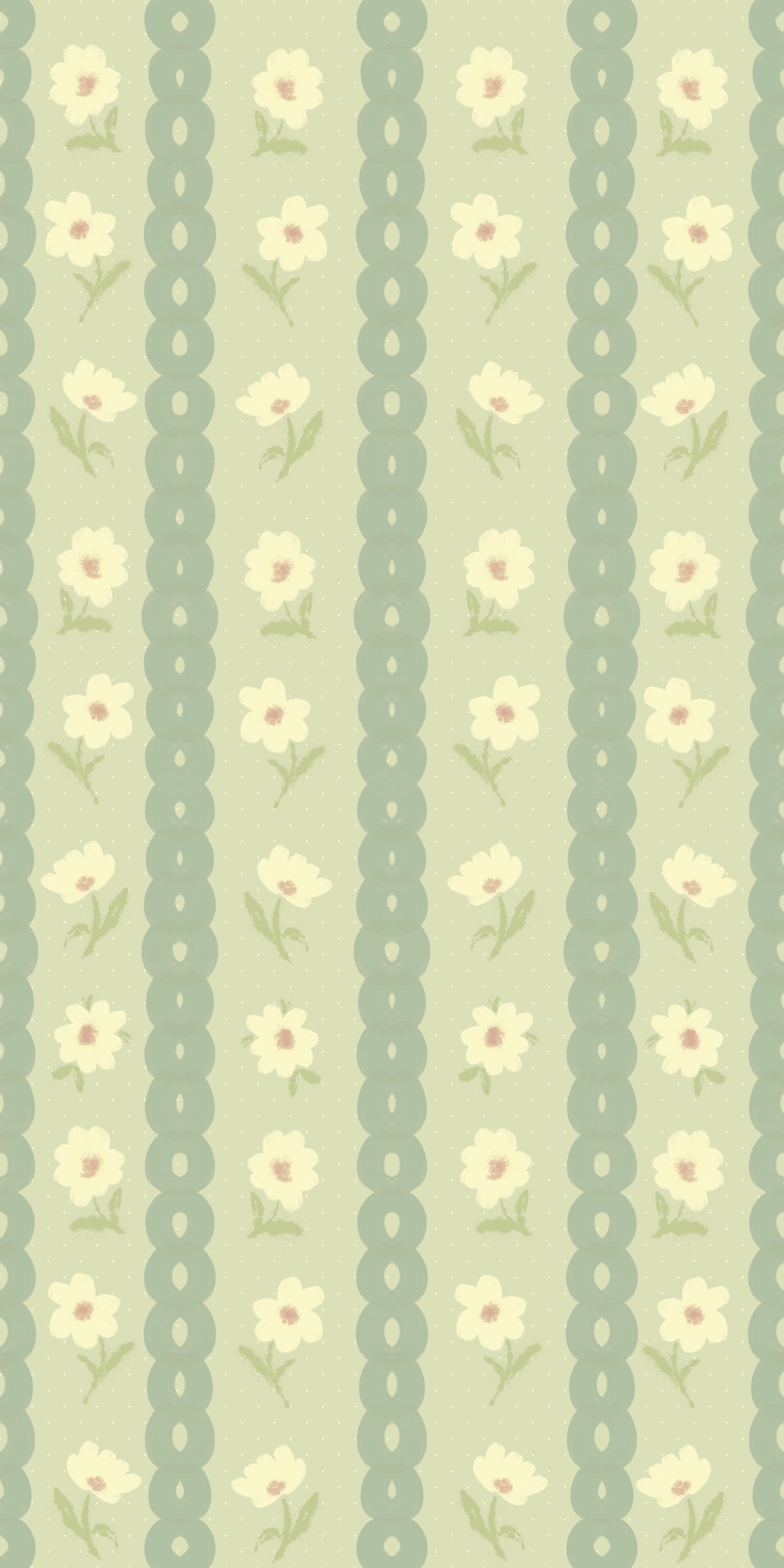 Daisy Chain Delight wallpaper mural in an entryway behind a rattan cane sideboard, sage green stripes with cream daisies