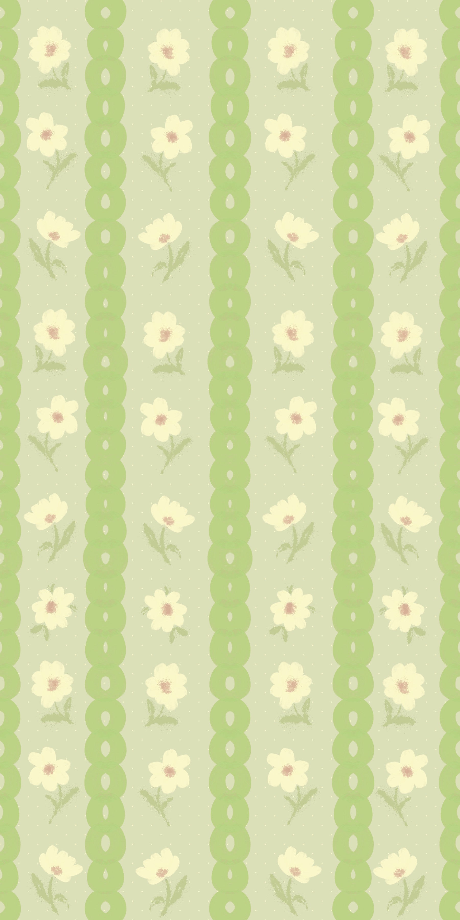 Vintage Bloom Rows wallpaper mural in a living room behind a grey sectional sofa and tall cactus, green daisy stripes