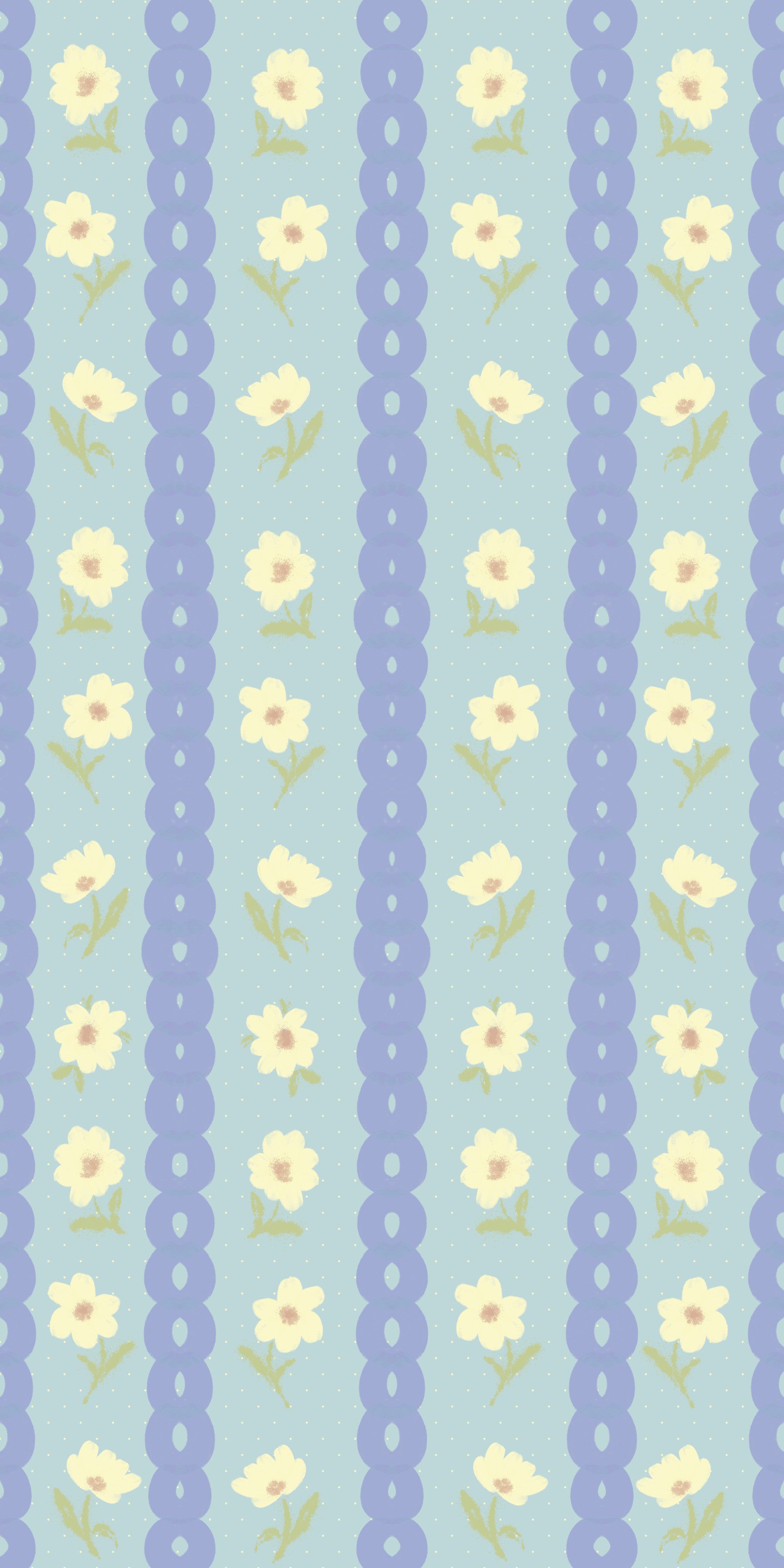 Blue Bloom Stripes wallpaper mural on a divider wall above a brown velvet bench, light blue stripes with yellow daisies