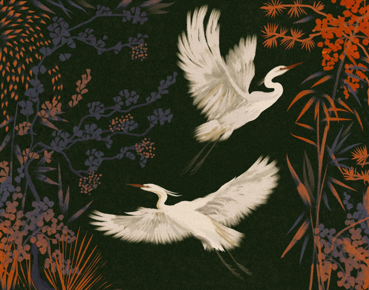 Tranquil Aviary Herons Asian Art Wall Mural in your room — zoomed