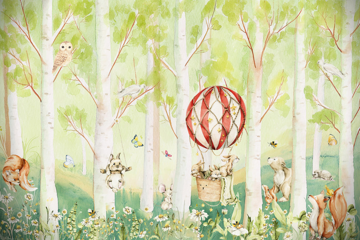 Woodland Whimsical Animals Balloon Ride Wall Mural in your room