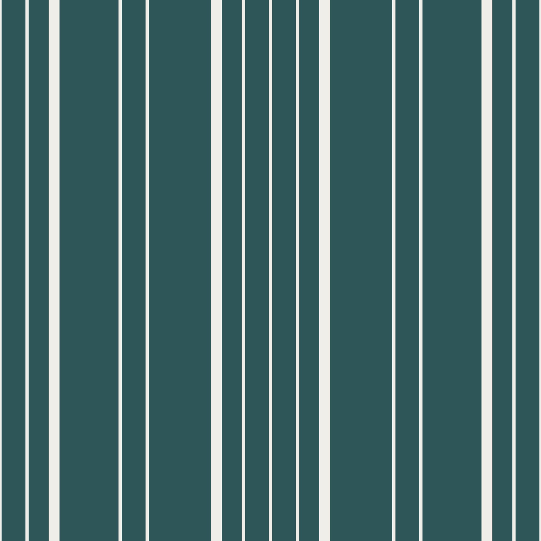 Teal Stripe wallpaper with cream vertical pinstripes behind a wood dining table, chairs and bench in a bright kitchen-diner