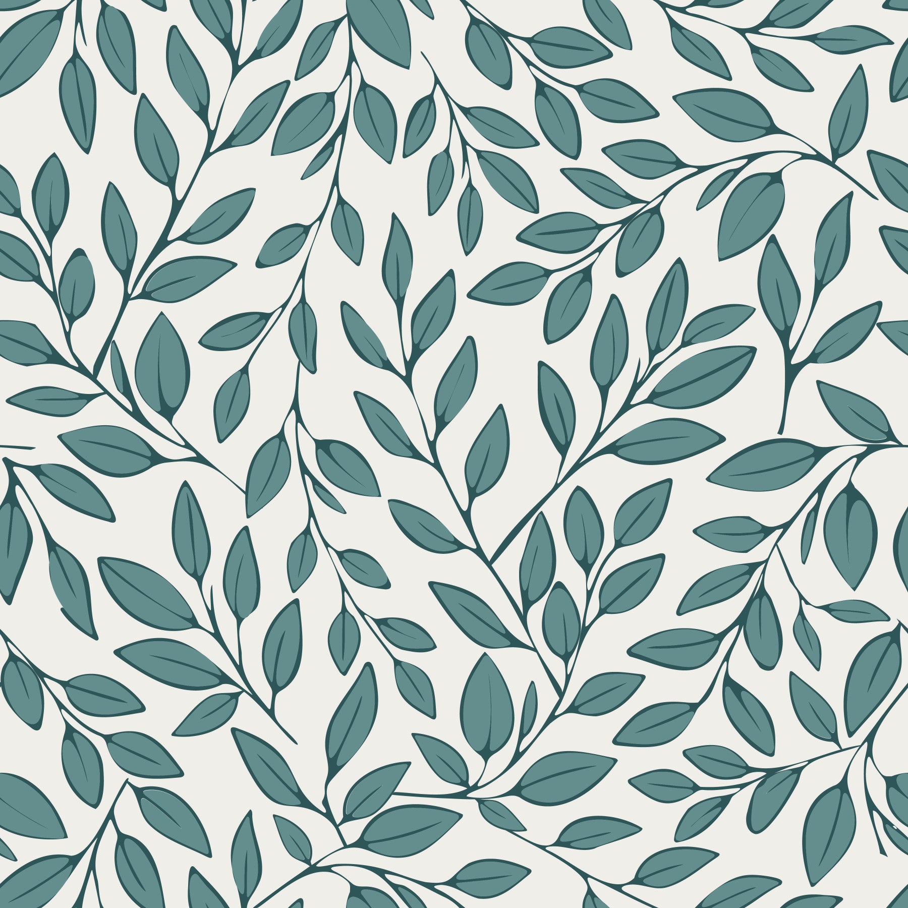 Teal Vines wallpaper of teal leaves on cream behind a white sofa and orb floor lamp in a modern living room