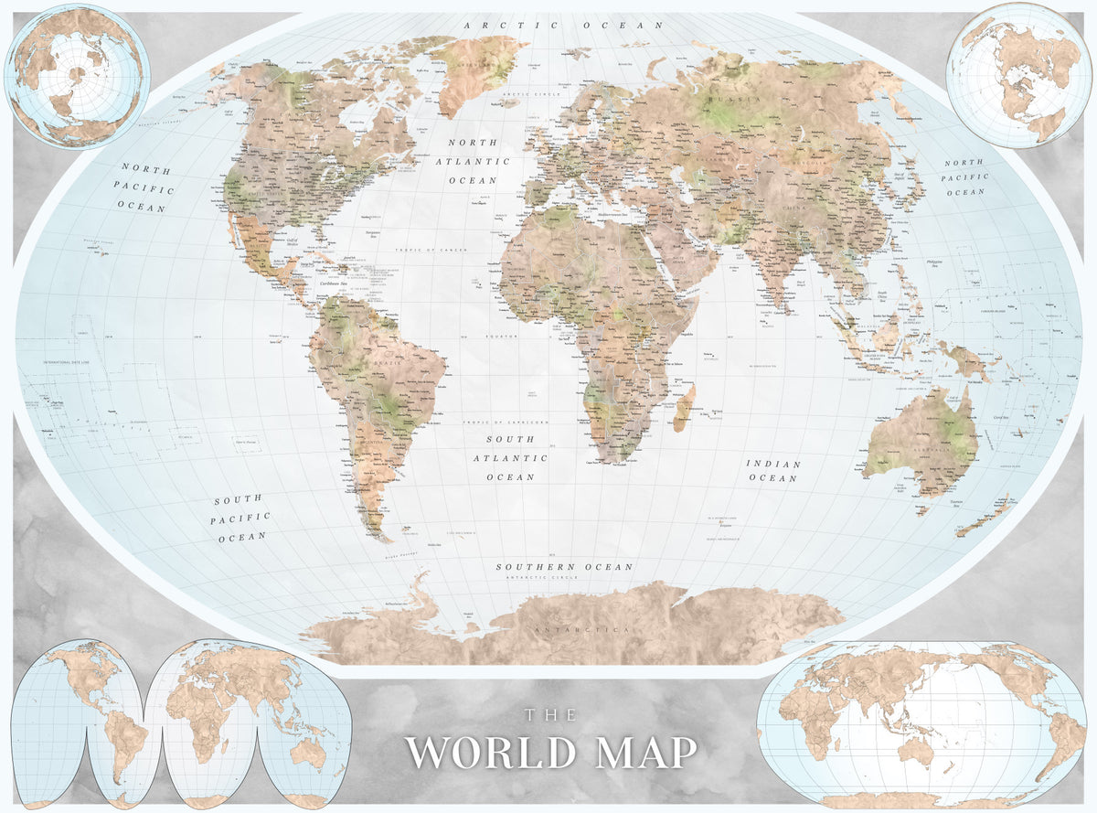 Classic world map in blue and earthy tones Wall Mural in your room — zoomed