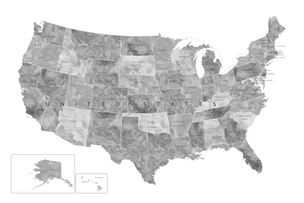 USA map with states and capitals in gray watercolor Wall Mural in your room