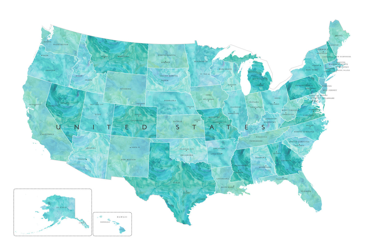 USA map with states and capitals in teal watercolor Wall Mural in your room