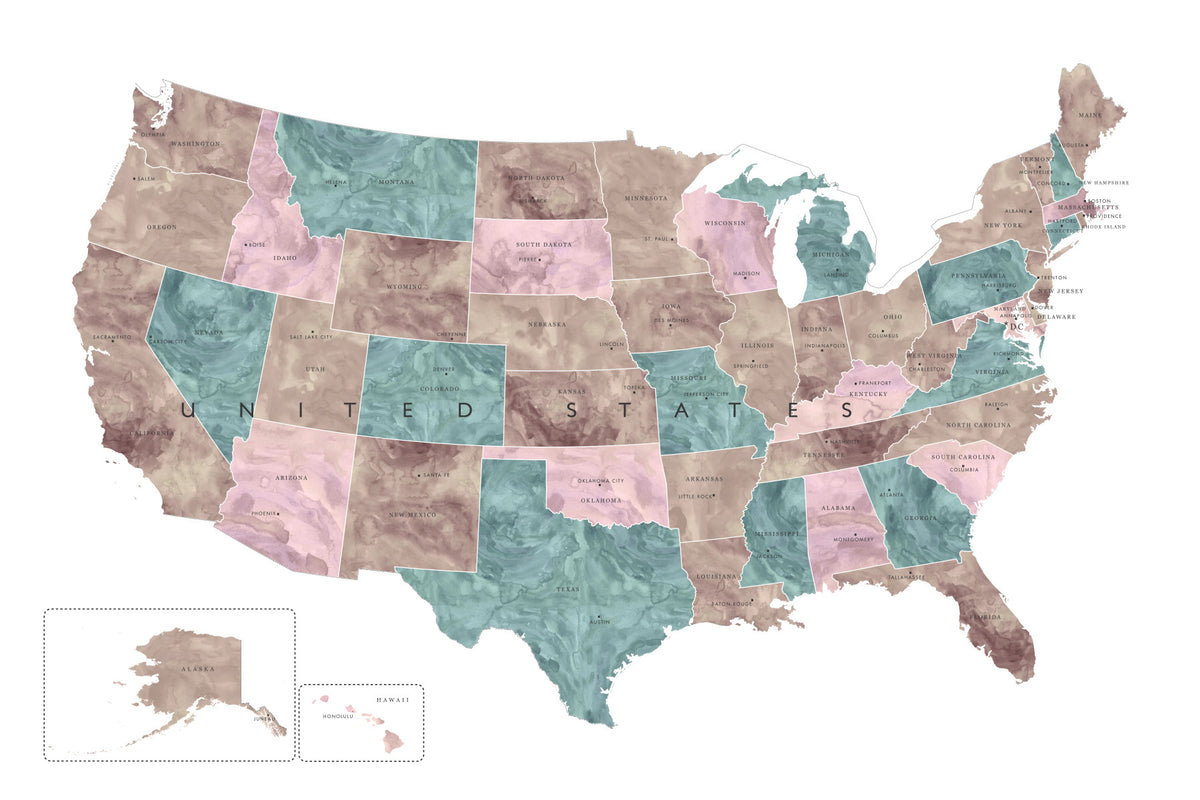 USA map with states and capitals in muted watercolor Wall Mural in your room