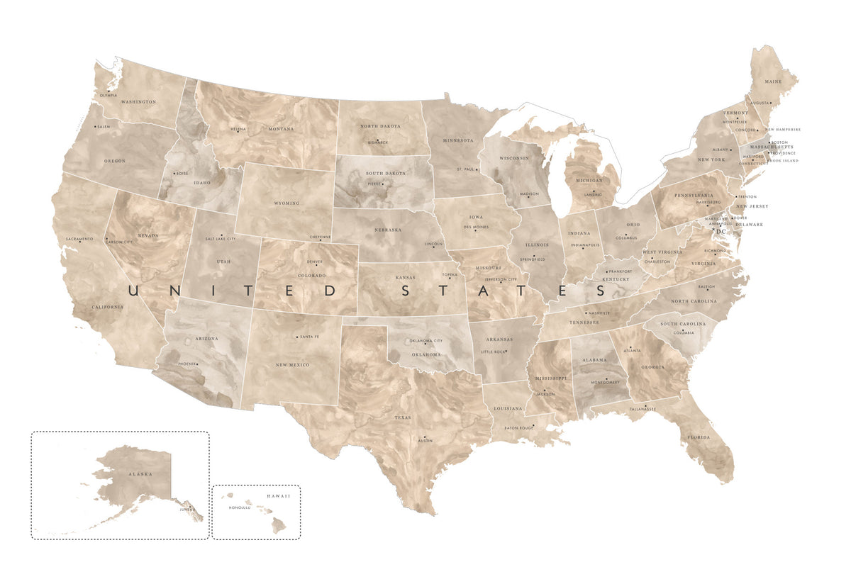 USA map with states and capitals in tan watercolor Wall Mural in your room