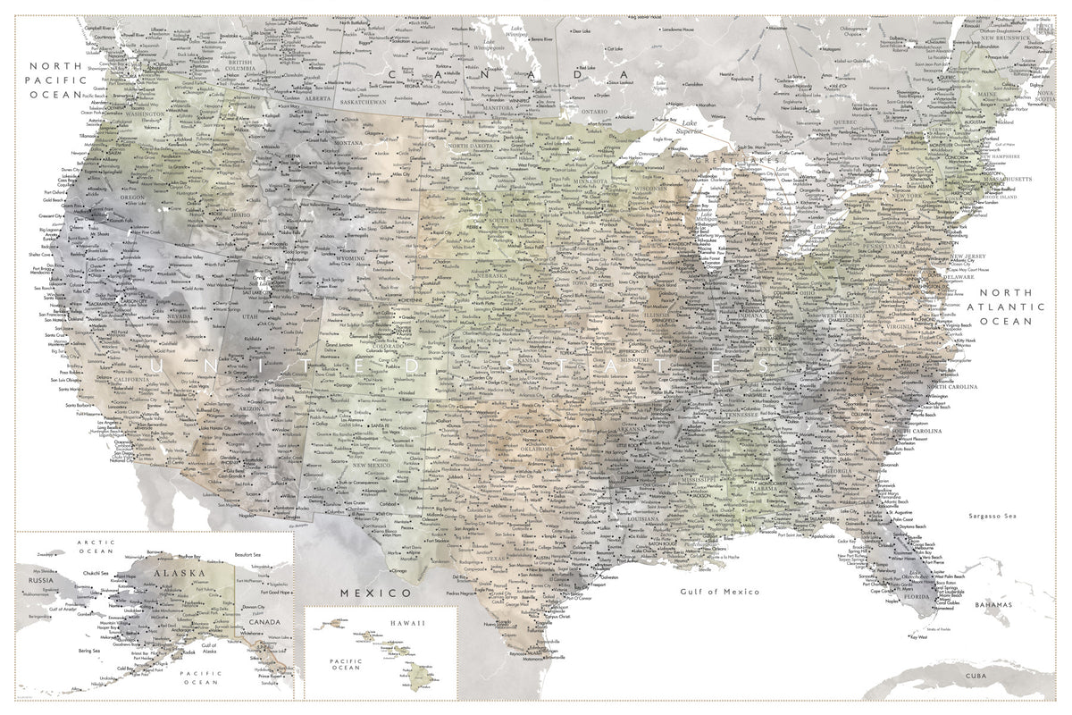 Detailed map of the USA with cities in muted watercolor, HABIKI Wall Mural in your room — zoomed