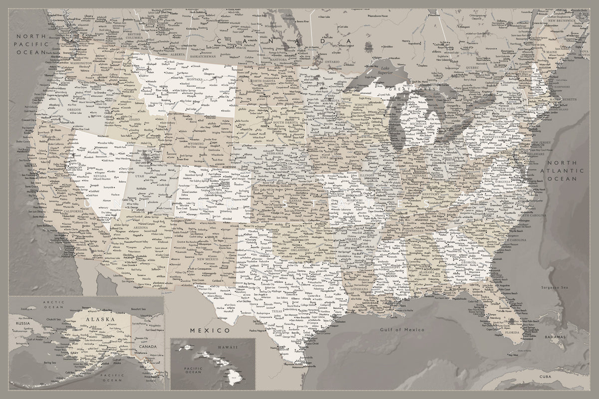 Vintage-looking detailed USA Map, Davey Wall Mural in your room — zoomed
