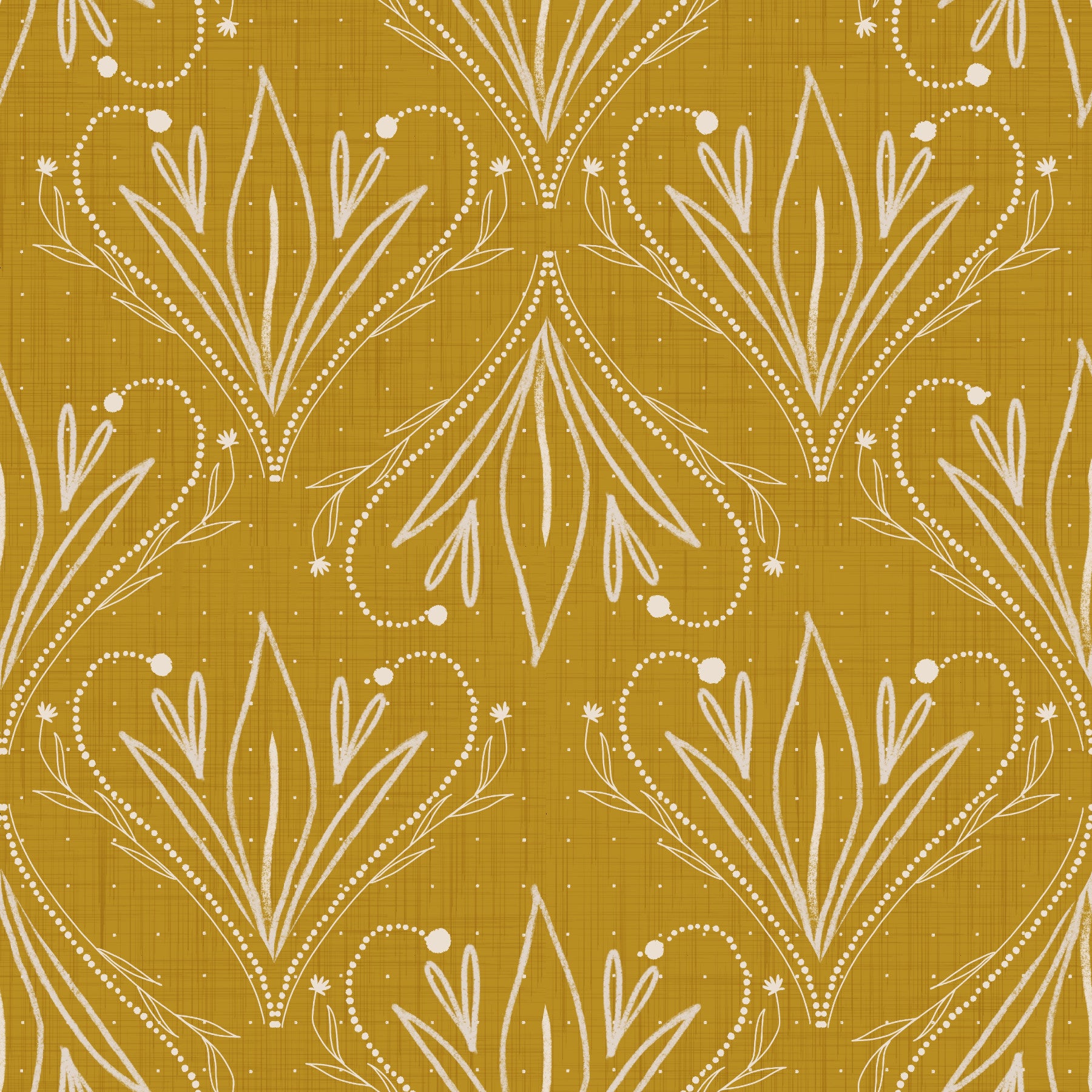 Boho Art Nouveau Folk Floral Mustard Gold wallpaper behind a marble dining table and wishbone chairs in a kitchen