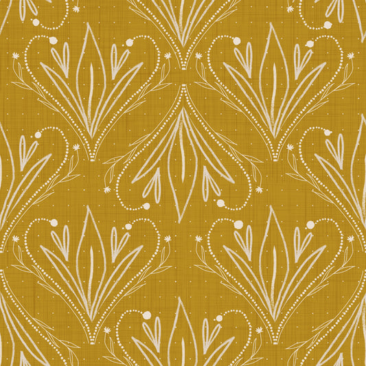 Boho Art Nouveau Folk Floral Mustard Gold Wallpaper – Hand Drawn Wallpaper⁠