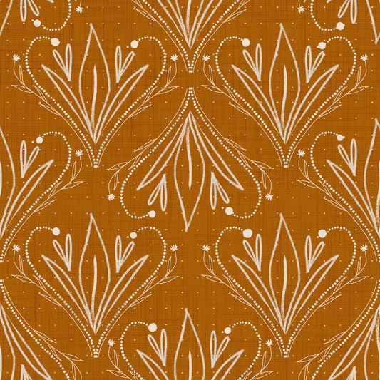 Boho Art Nouveau Folk Floral Mustard Gold Wallpaper – Hand Drawn Wallpaper⁠