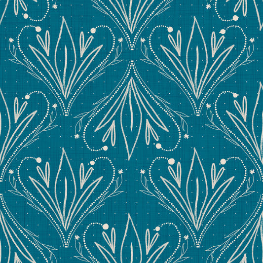 Boho Art Nouveau Folk Floral Teal Blue Wallpaper – Hand Drawn Wallpaper⁠