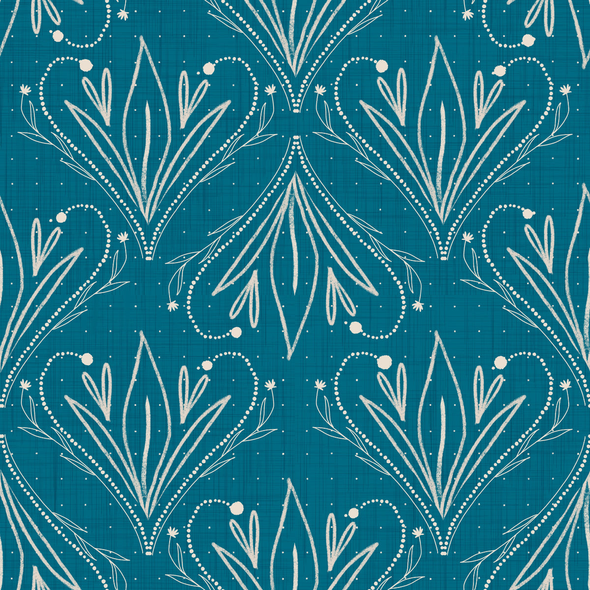 Boho Art Nouveau Folk Floral Teal Blue Wallpaper – Hand Drawn Wallpaper⁠ in your room — zoomed
