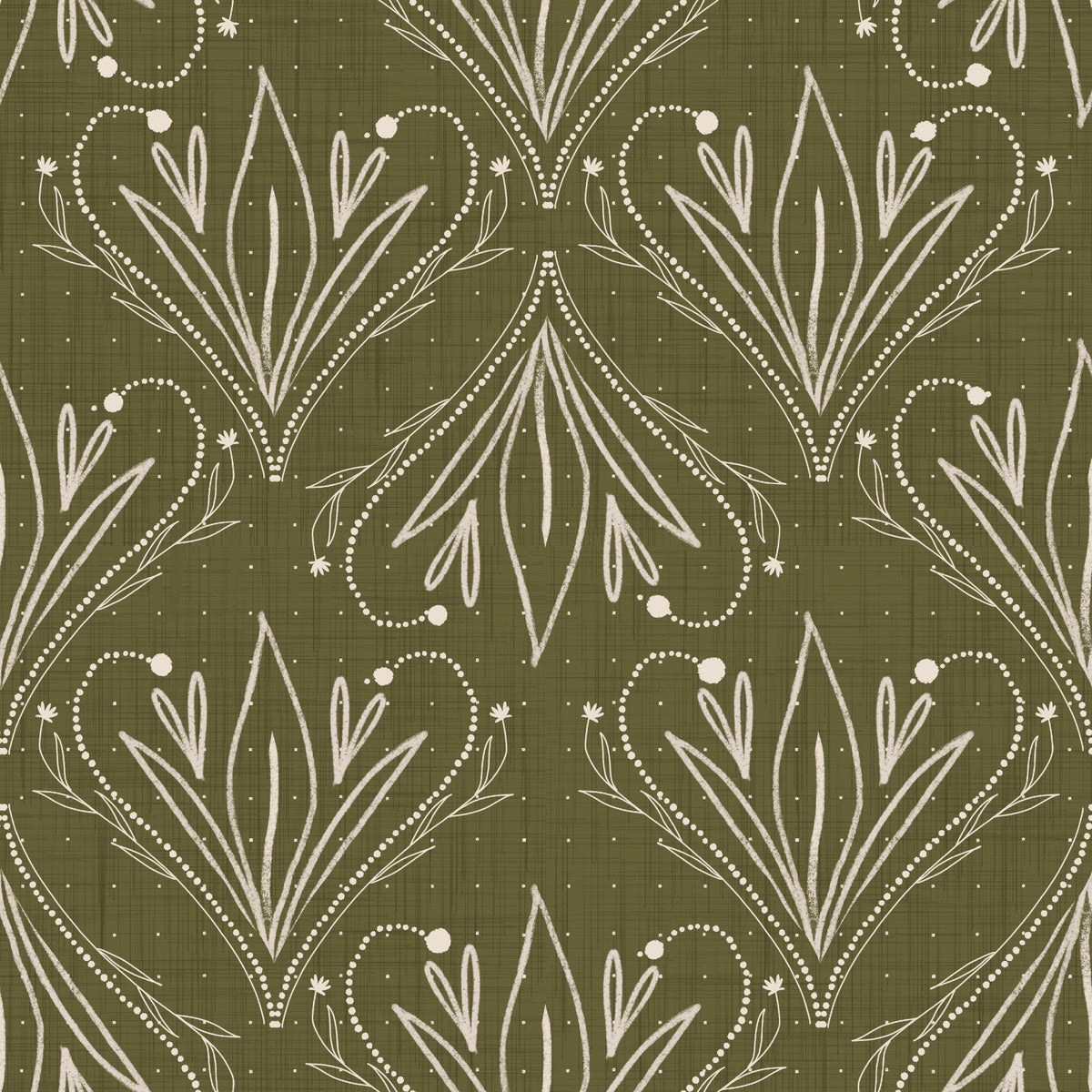 Boho Art Nouveau Folk Floral Olive Green Wallpaper – Hand Drawn Wallpaper⁠ in your room — zoomed