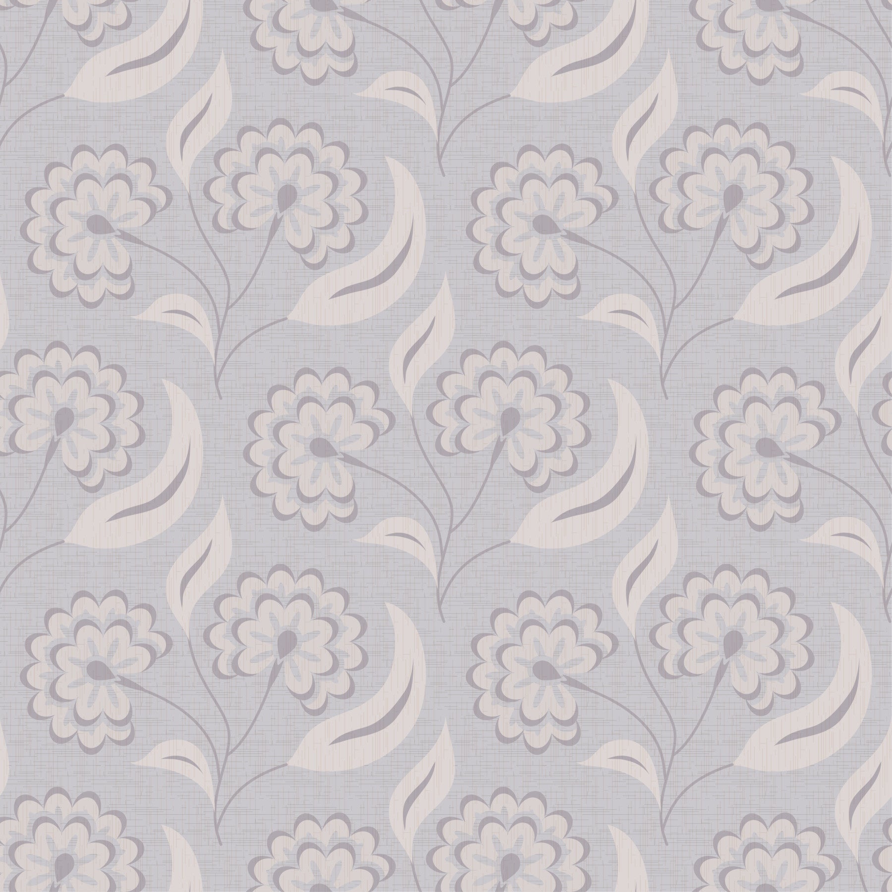 Serene Floral beige wallpaper in grey-lilac blooms behind a beige bed and two cream armchairs in a luxe bedroom