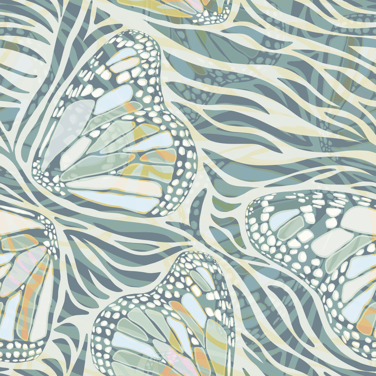 Zebra Butterfly Bloom • Maximalist Boho in Green Pastels Wallpaper⁠ in your room — zoomed