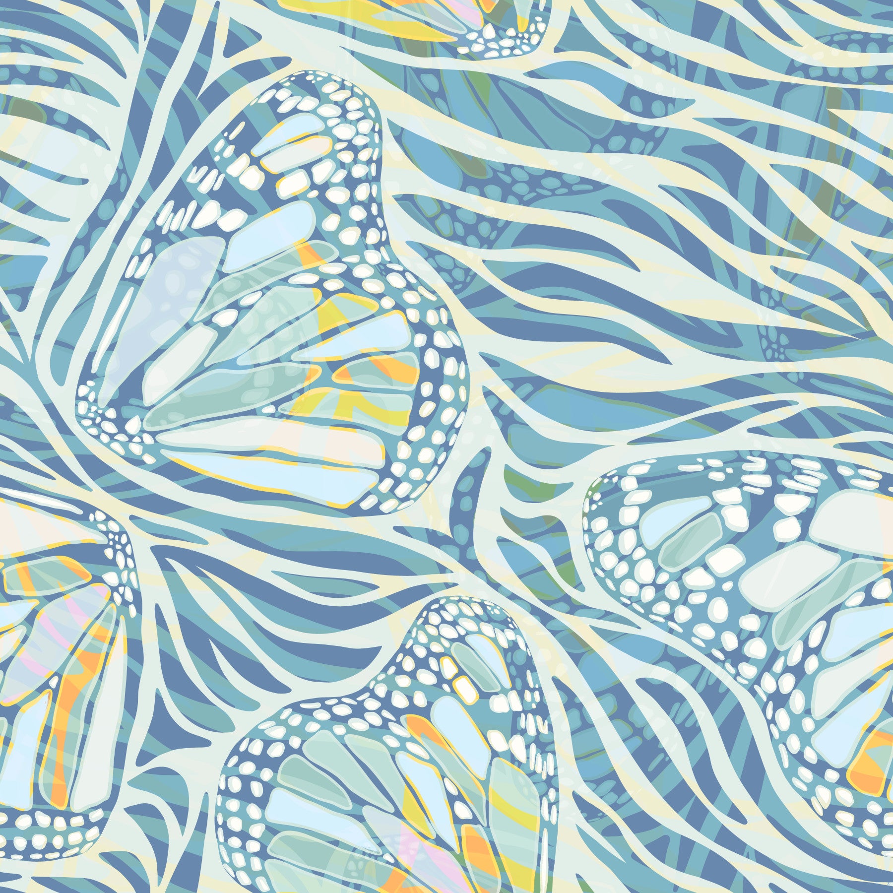 Zebra Butterfly Drift • Maximalist Boho in Blue Pastels Wallpaper⁠