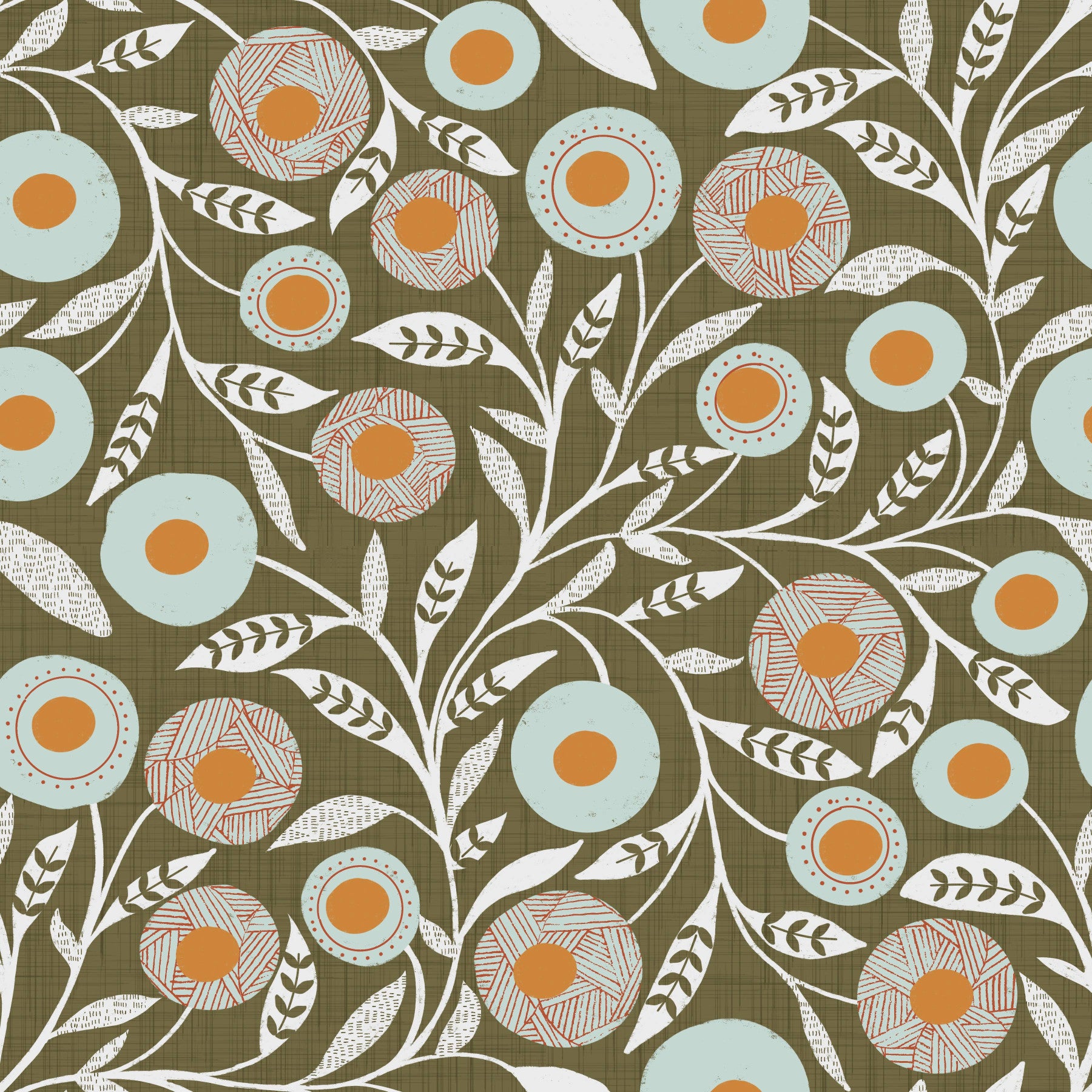 Cozy Scandi Folk Floral Earthy Olive - Craft Botanical Wallpaper⁠ in your room — zoomed