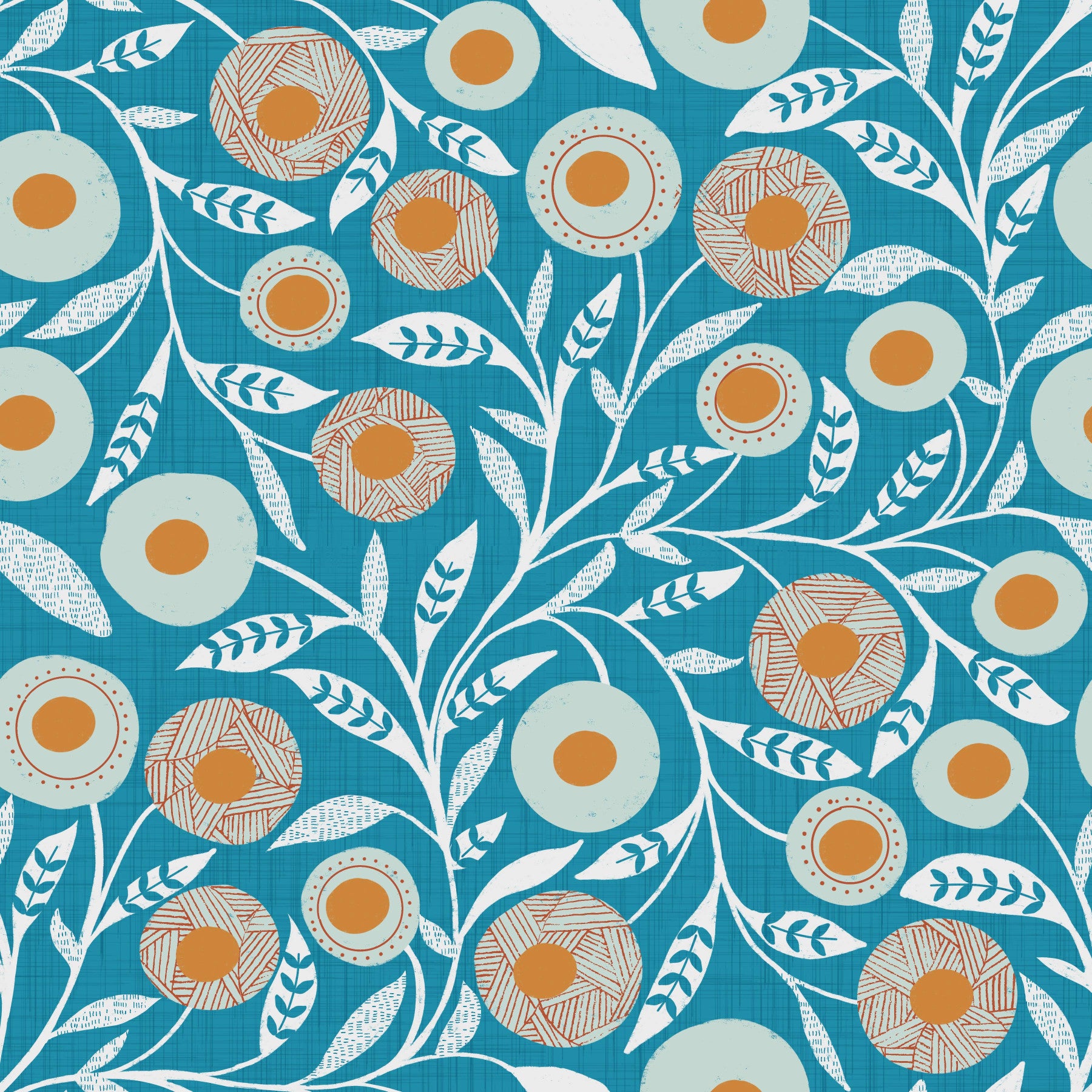 Cozy Scandi Folk Floral Nordic Teal - Craft Botanical Wallpaper⁠