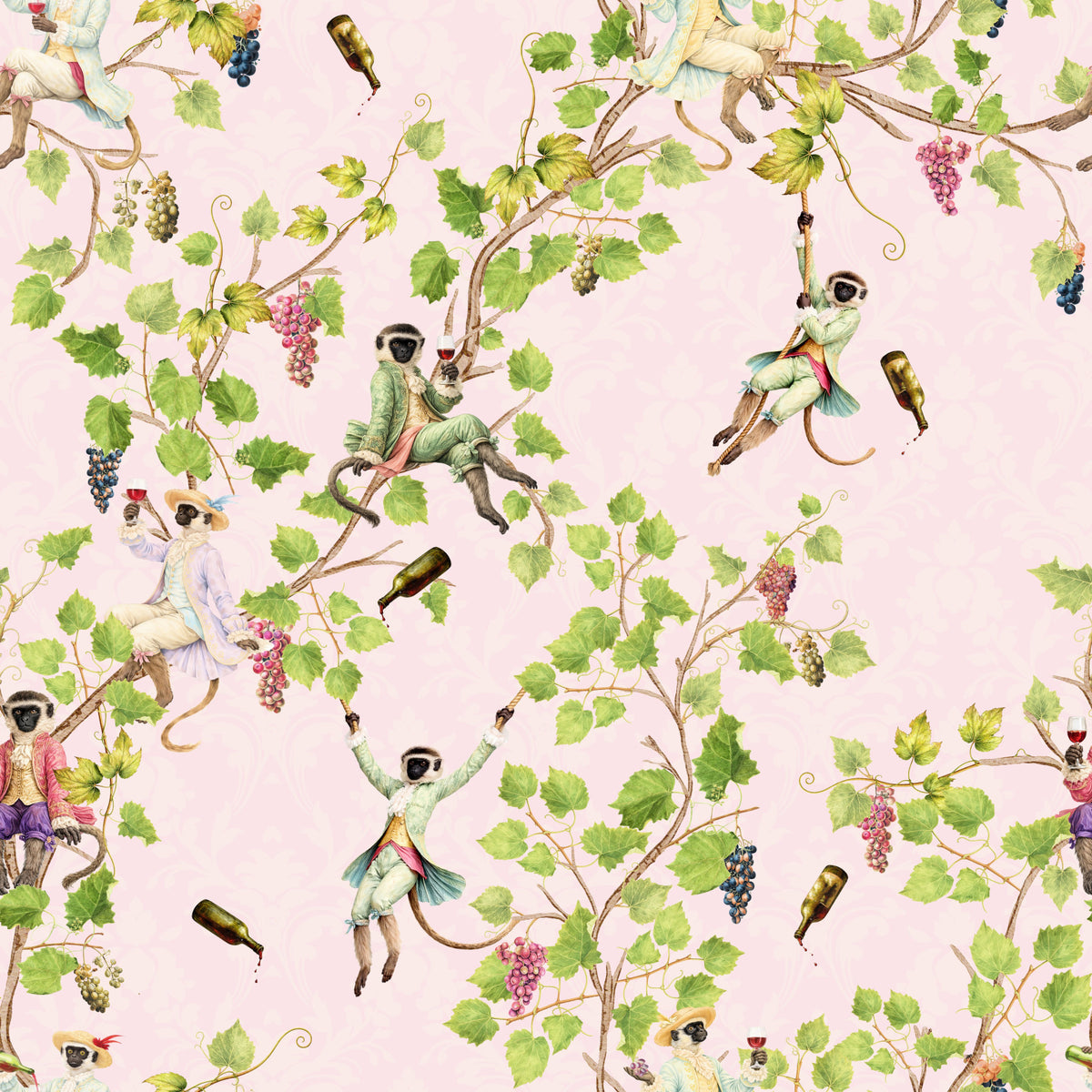 Whimsical Rococo Monkeys Wine Festival Vintage Aristocratic Vineyard Garden pink Wallpaper⁠ in your room — zoomed
