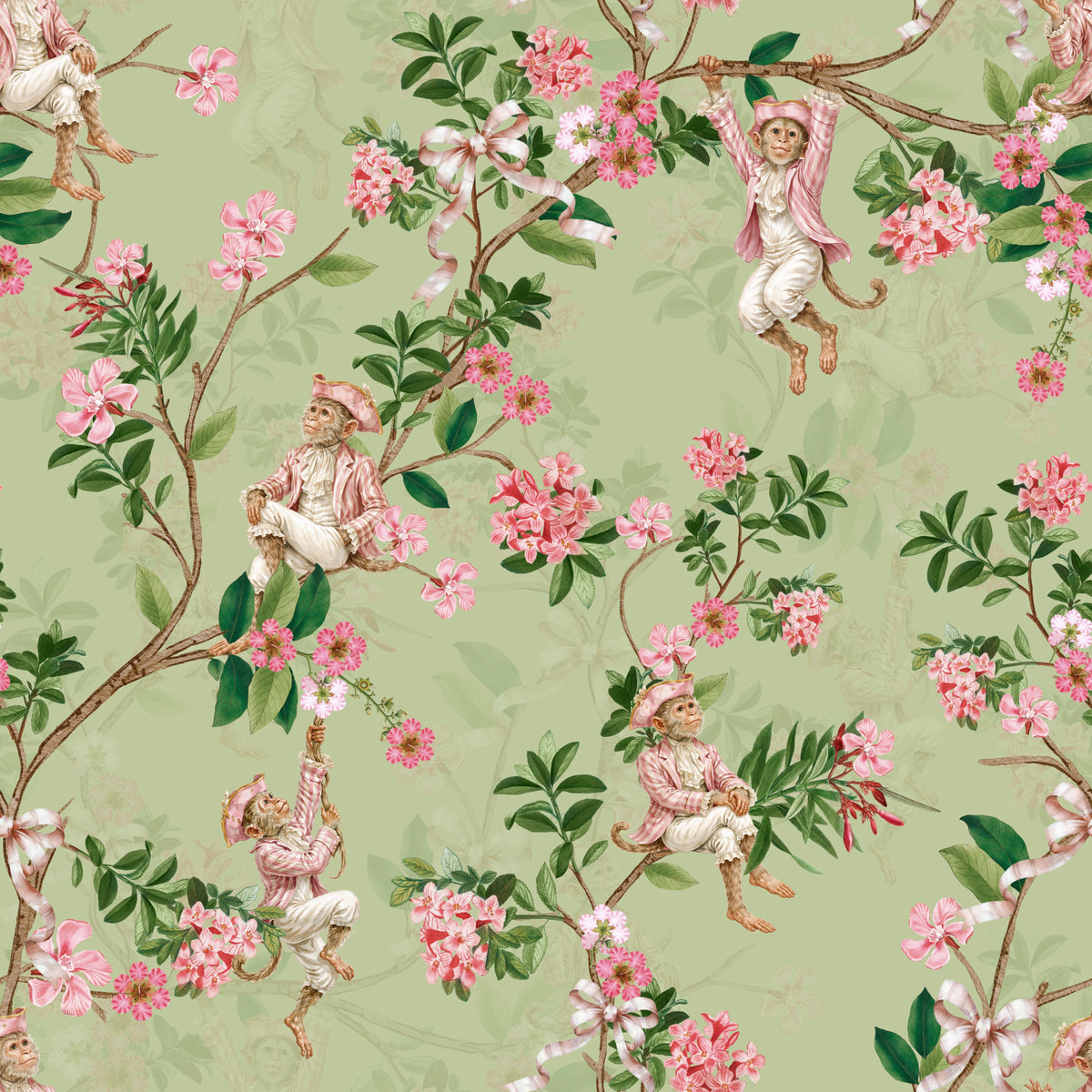Whimsical Rococo Monkeys Wine Festival Vintage Aristocratic Vineyard Garden Party green Wallpaper⁠ in your room