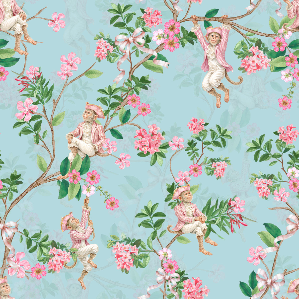 Whimsical Rococo Monkeys Wine Festival Vintage Aristocratic Vineyard Garden Party blue Wallpaper⁠