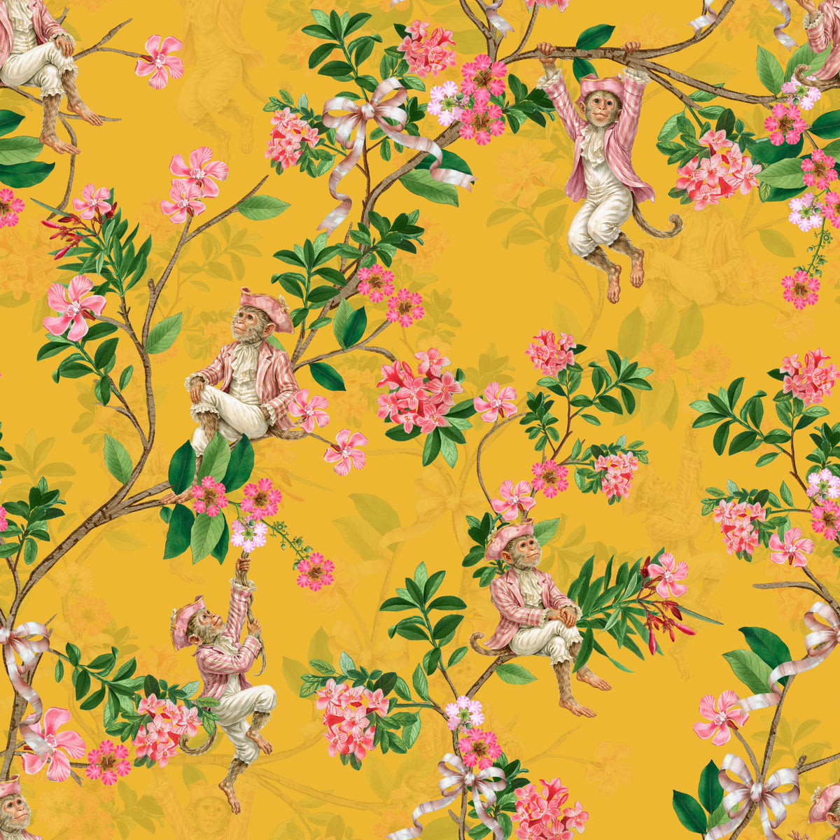 Whimsical Rococo Monkeys Wine Festival Vintage Aristocratic Vineyard Garden Party yellow Wallpaper⁠ in your room — zoomed