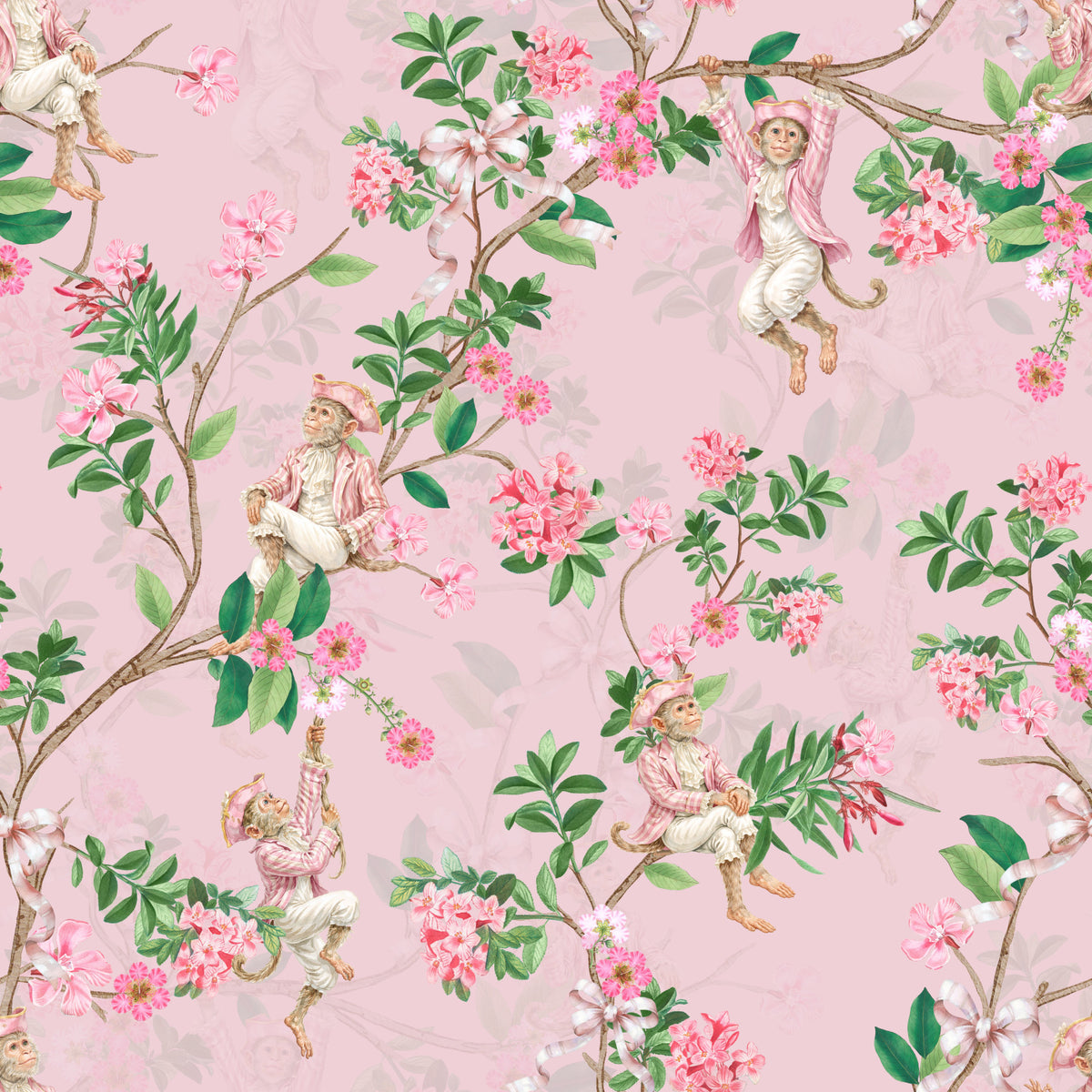 Whimsical Rococo Monkeys Wine Festival Vintage Aristocratic Vineyard Garden Party pink Wallpaper⁠ in your room