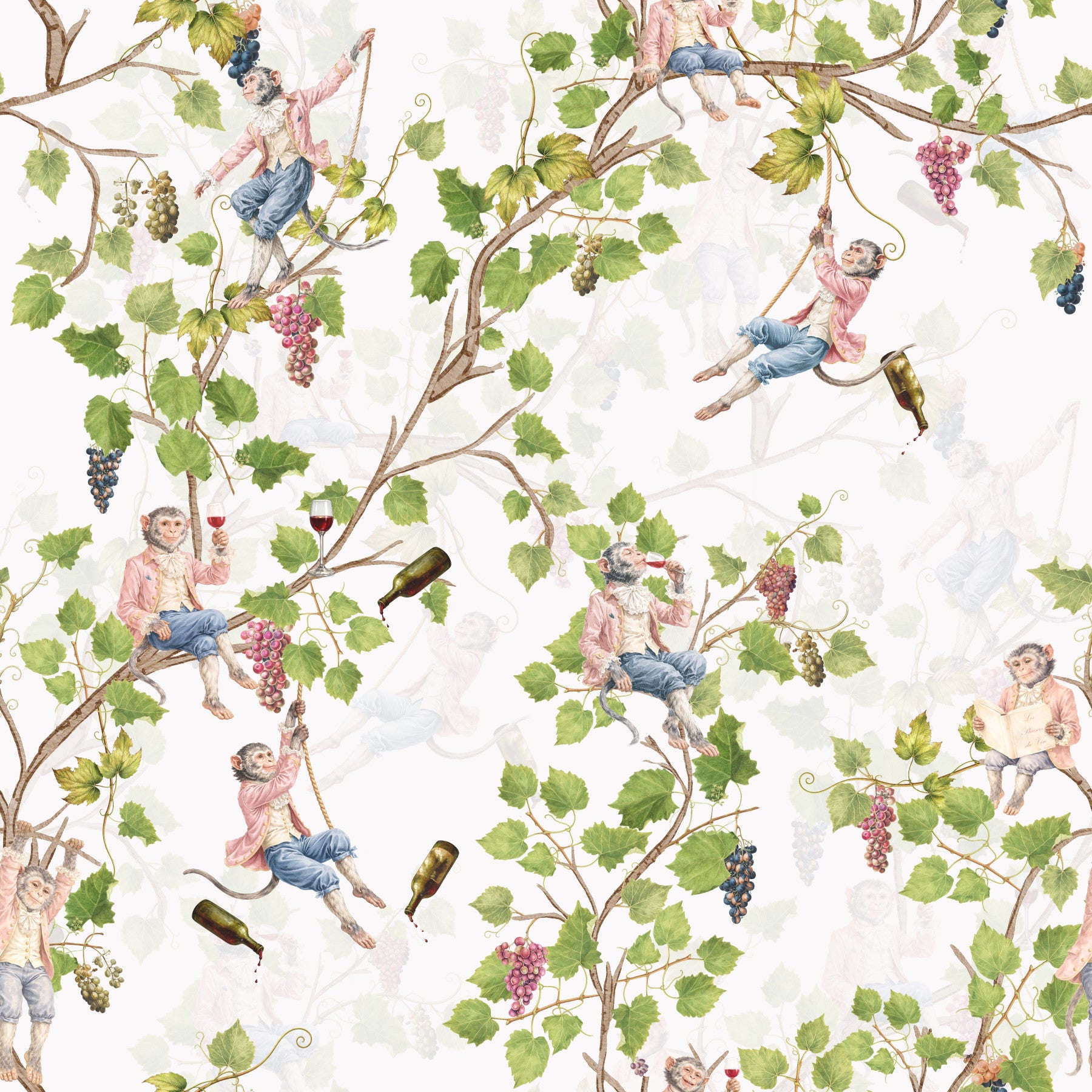 Whimsical Rococo Monkeys Wine Festival Aristocratic Vineyard Vintage Garden white Wallpaper⁠