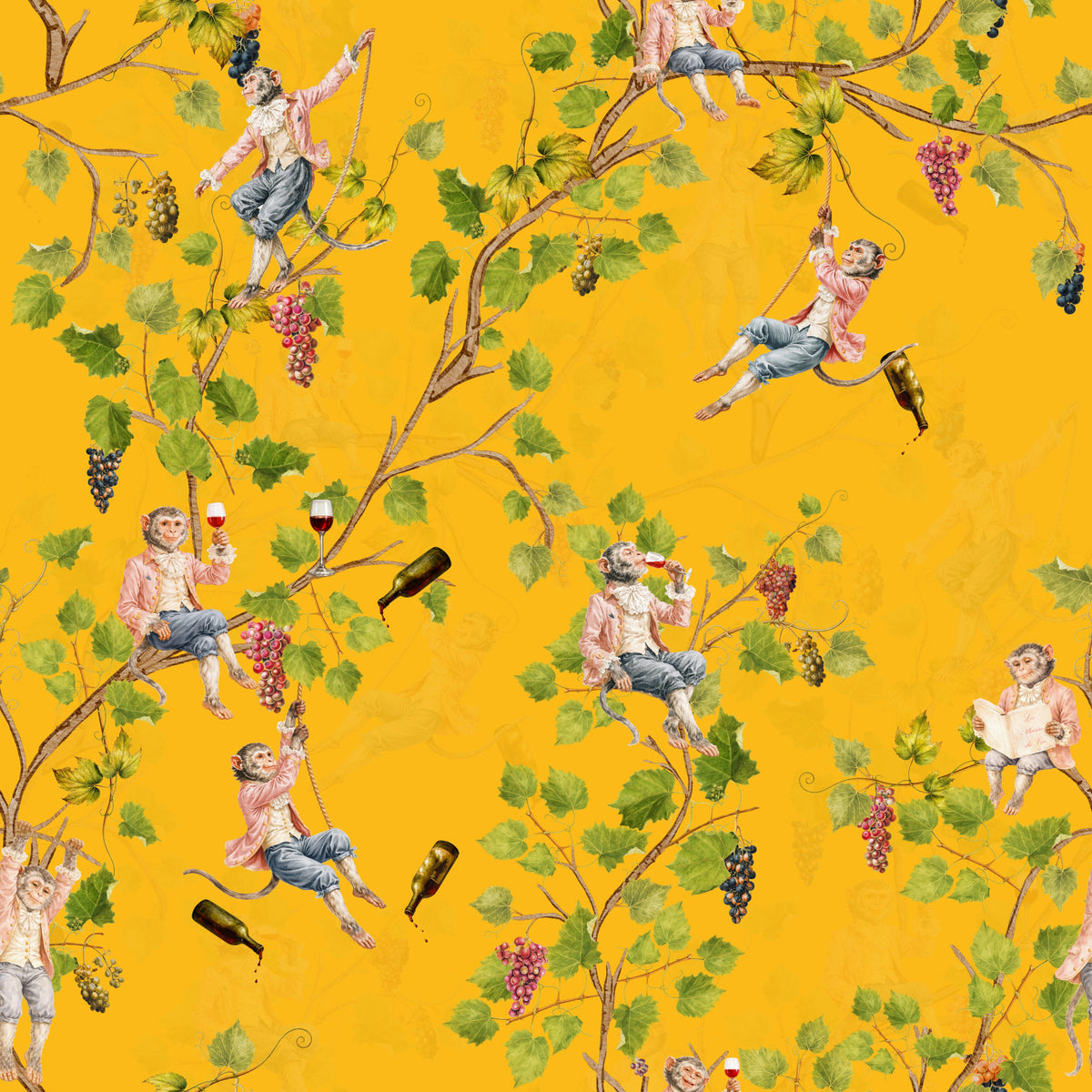 Whimsical Rococo Monkeys Wine Festival Aristocratic Vineyard Vintage  Garden  yellow Wallpaper⁠ in your room — zoomed