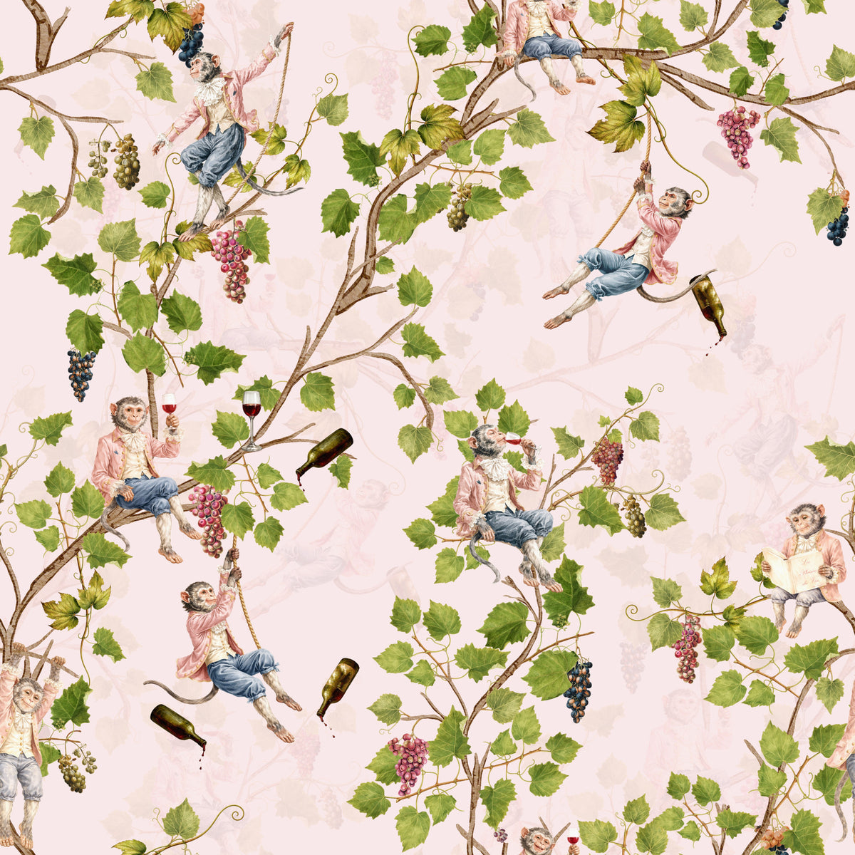 Whimsical Rococo Monkeys Wine Festival Aristocratic Vineyard Vintage  Garden  pink Wallpaper⁠ in your room