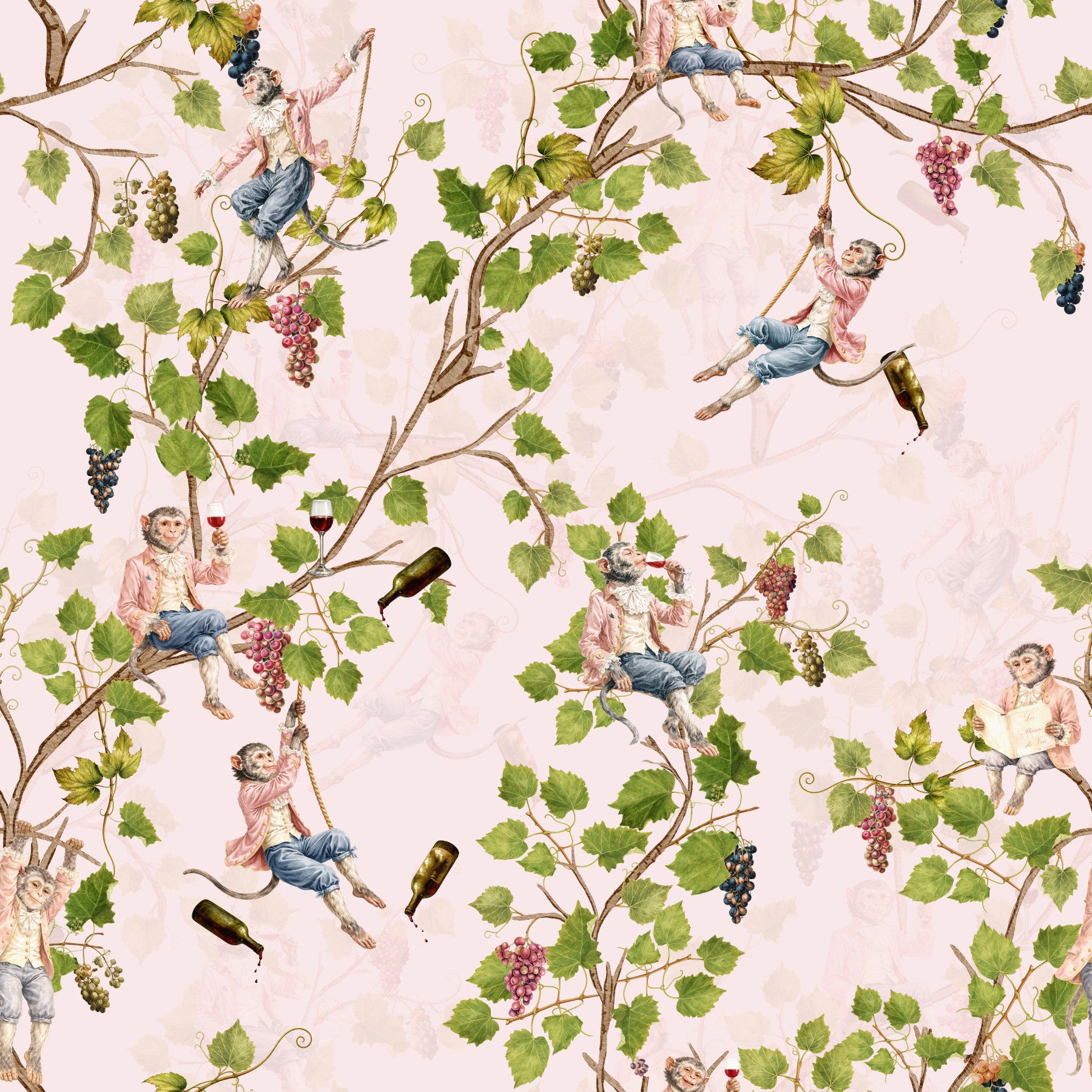 Whimsical Rococo Monkeys Wine Festival Aristocratic Vineyard Vintage  Garden  pink Wallpaper⁠