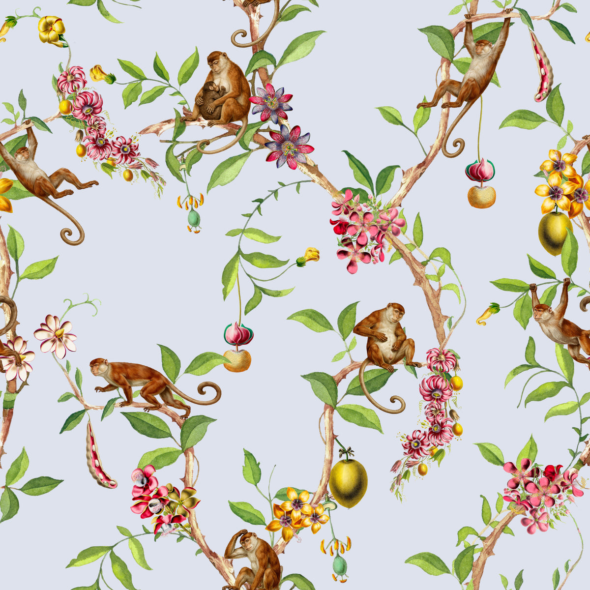 Whimsical Playing Monkeys Family Vintage Exotic Garden blue Wallpaper⁠ in your room